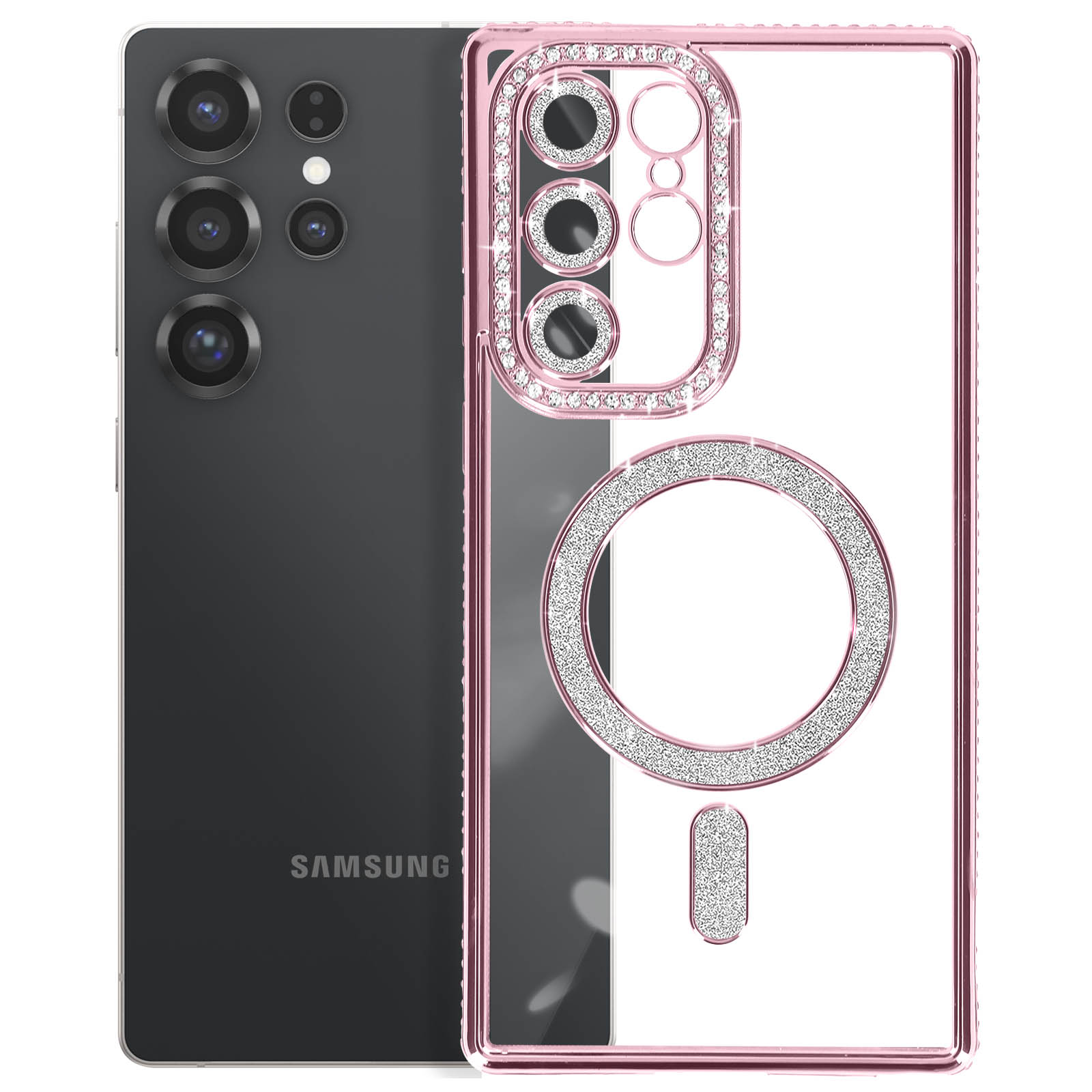 Telefono nero con custodia rosa con gioielli, il retro ha un anello di gioielli.