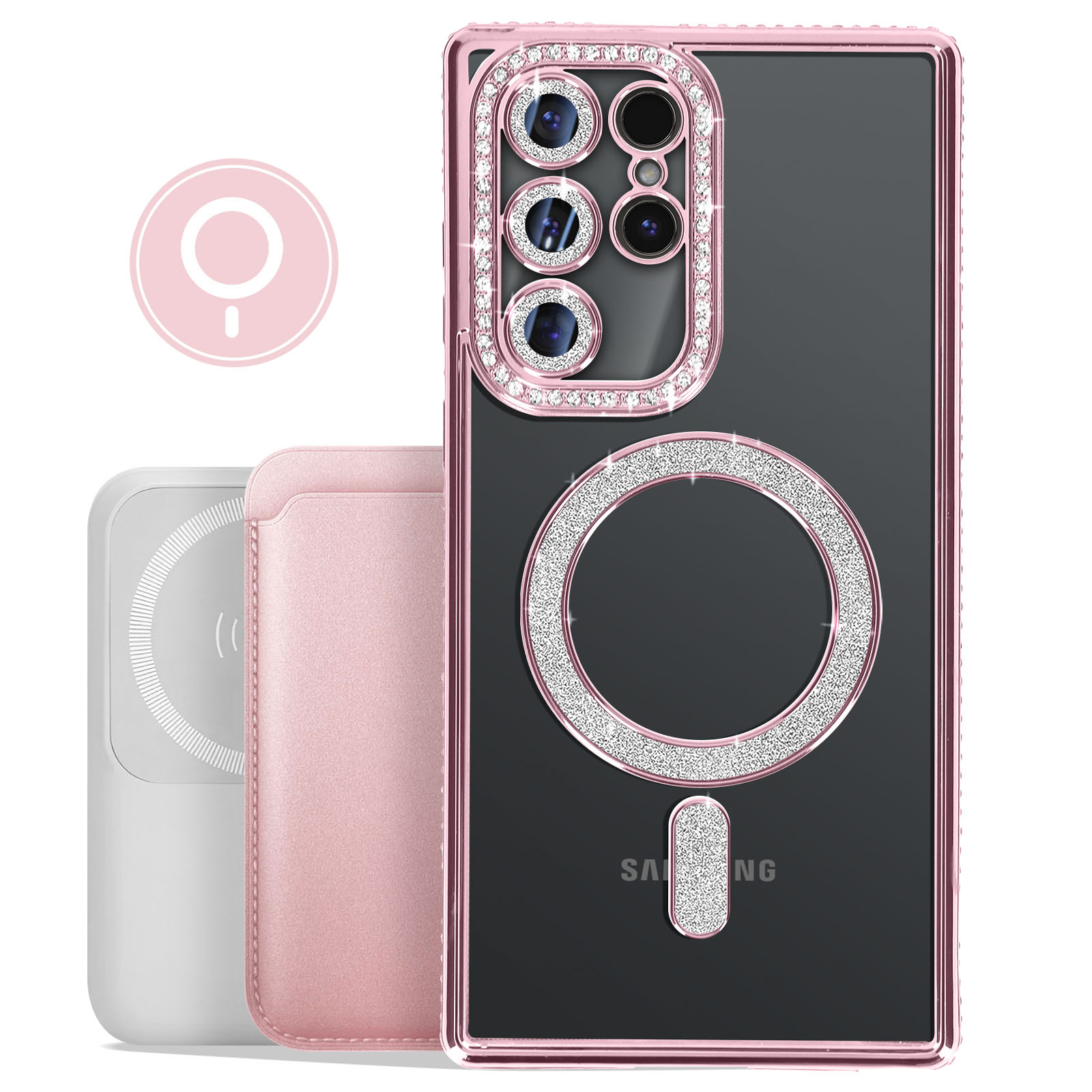 Custodia rosa per telefono con un anello di strass e un porta carte rosa.