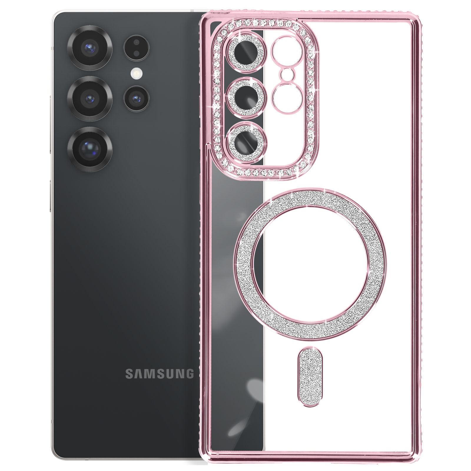 Custodia per telefono rosa con dettagli scintillanti. Telefono nero con logo Samsung.