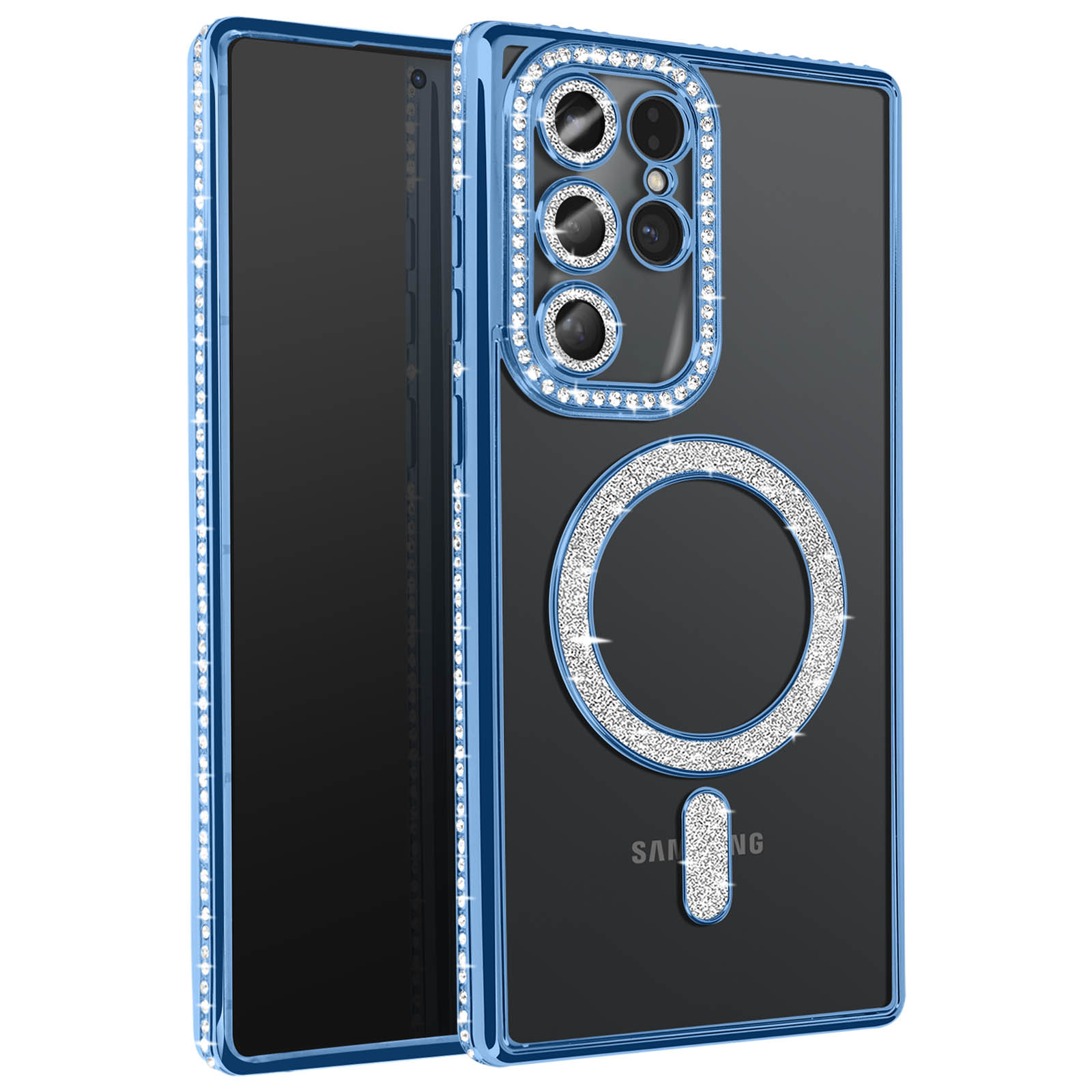 Custodia blu per telefono con cristalli attorno alla fotocamera e ai bordi, telefono nero all'interno.