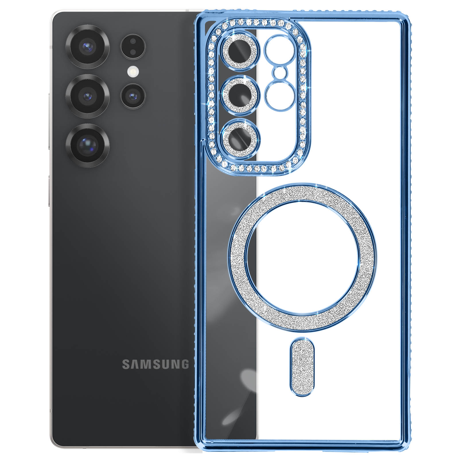 Telefono nero con custodia blu gioiello, mostra fotocamera e cerchio bianco.