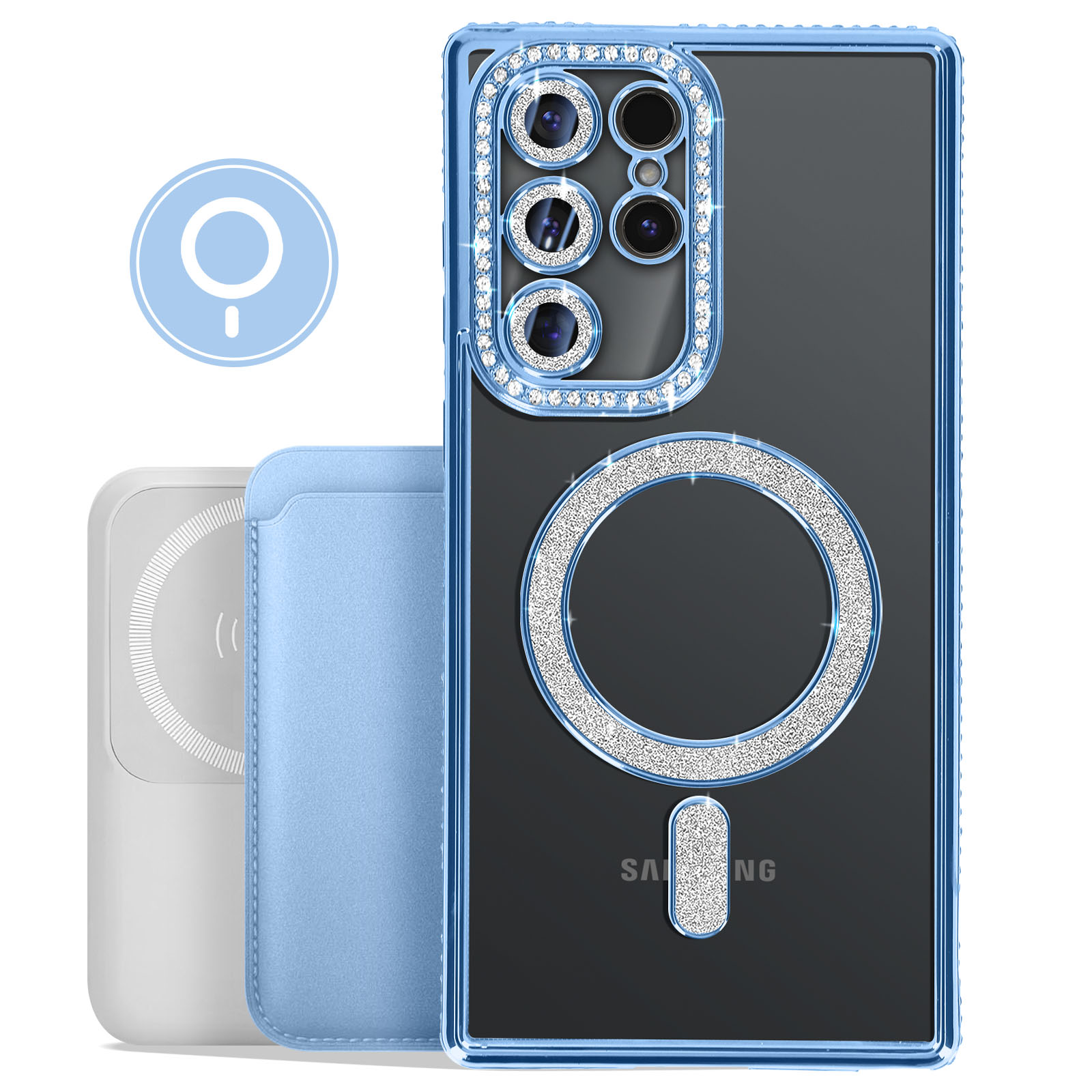 Una custodia per telefono e un caricabatterie, entrambi azzurri. La custodia ha un anello d'argento e gemme.