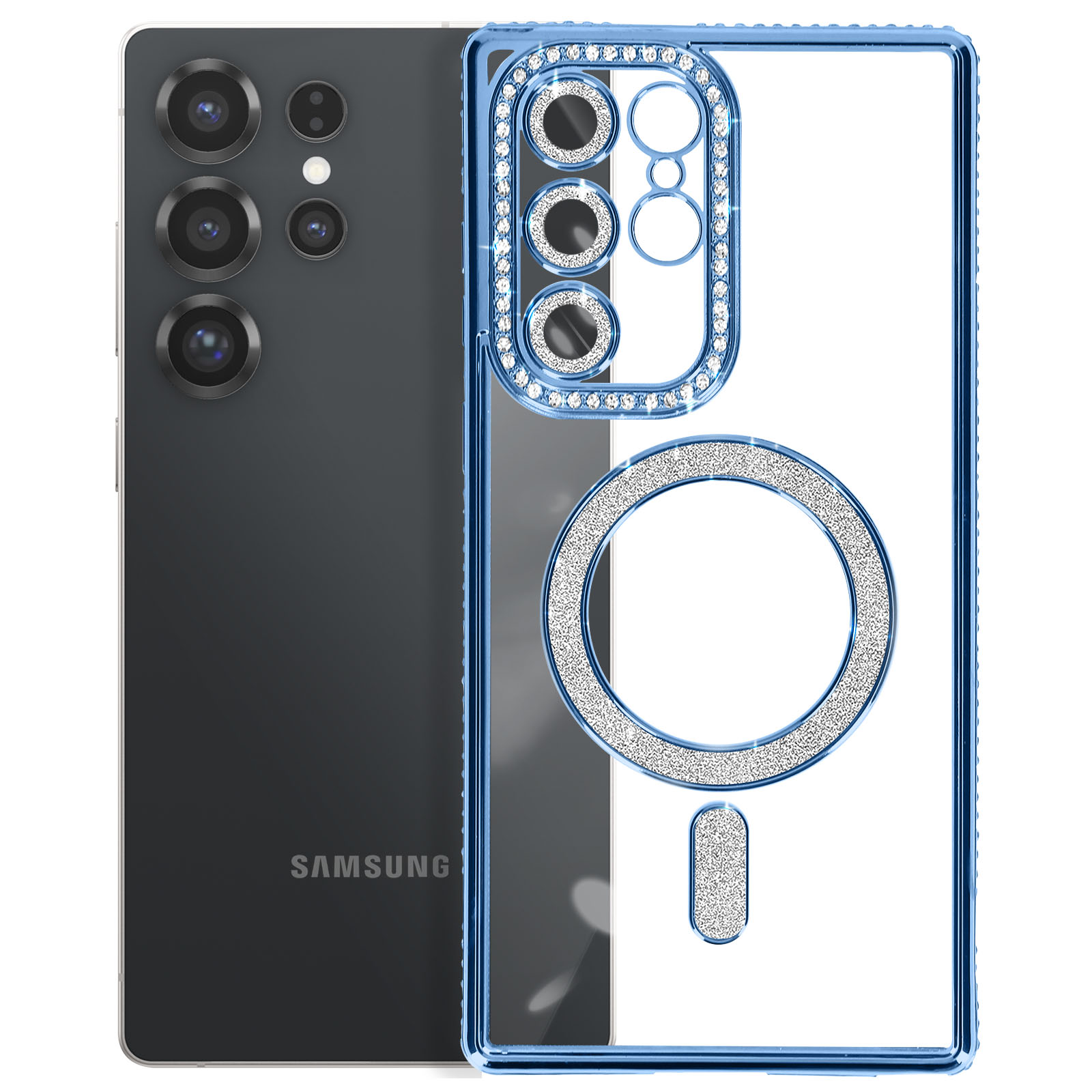 Smartphone con custodia blu scintillante. La custodia ha un anello di cristalli attorno alle lenti.