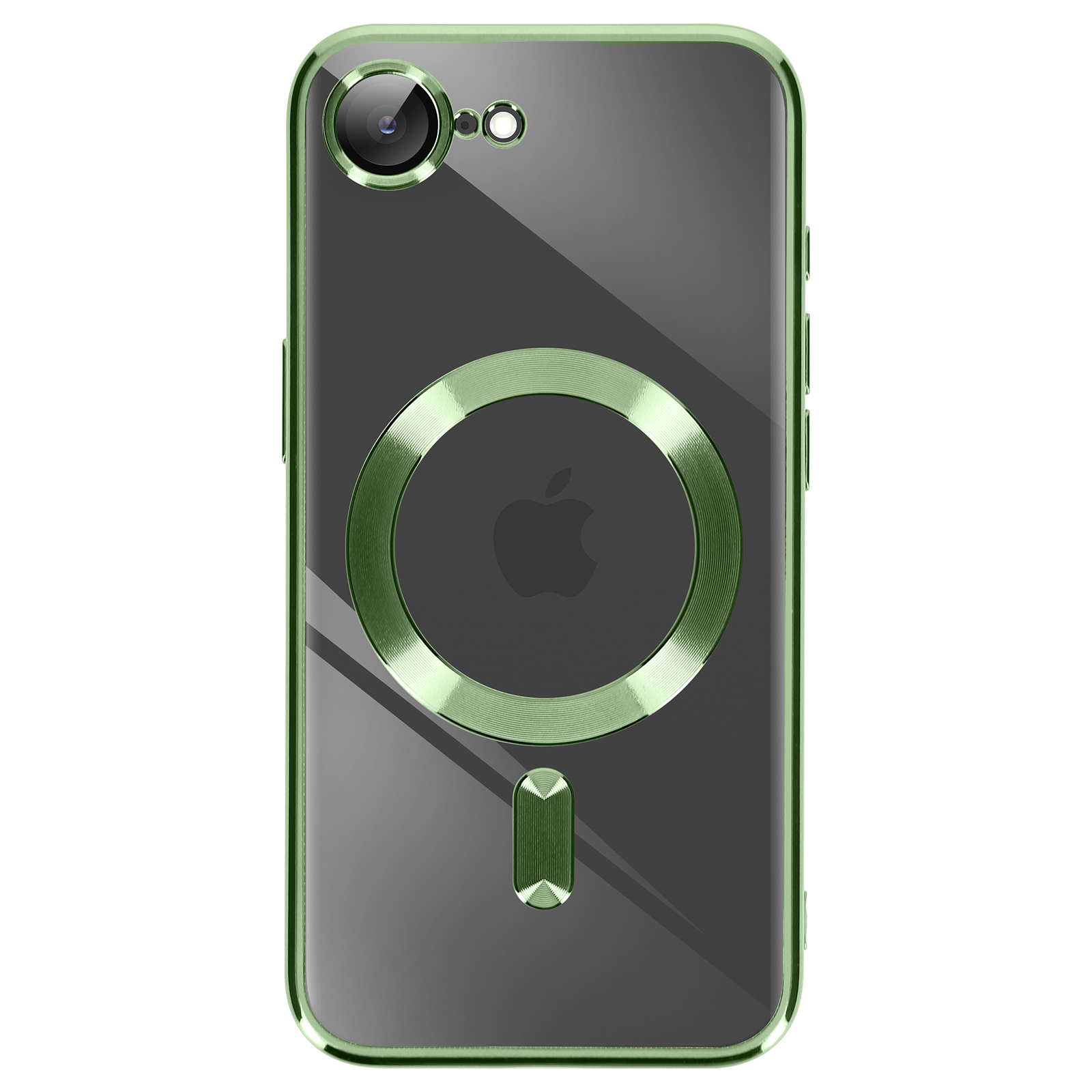 Groen omrande transparante iPhone-hoes met groene magnetische ring en camerarand, Apple-logo zichtbaar.