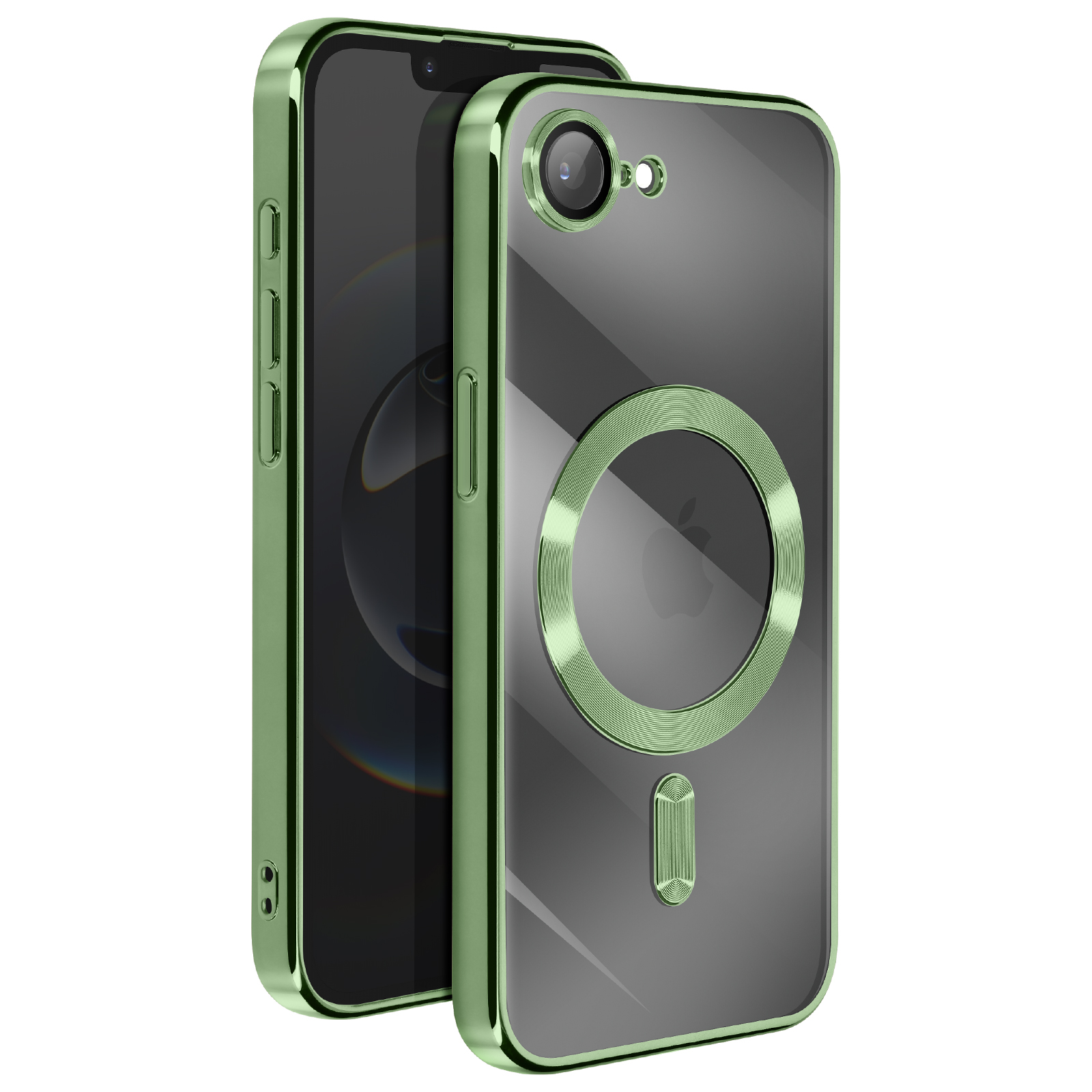 Groene telefoonhoes, twee aanzichten, met doorzichtige achterkant en Apple logo.