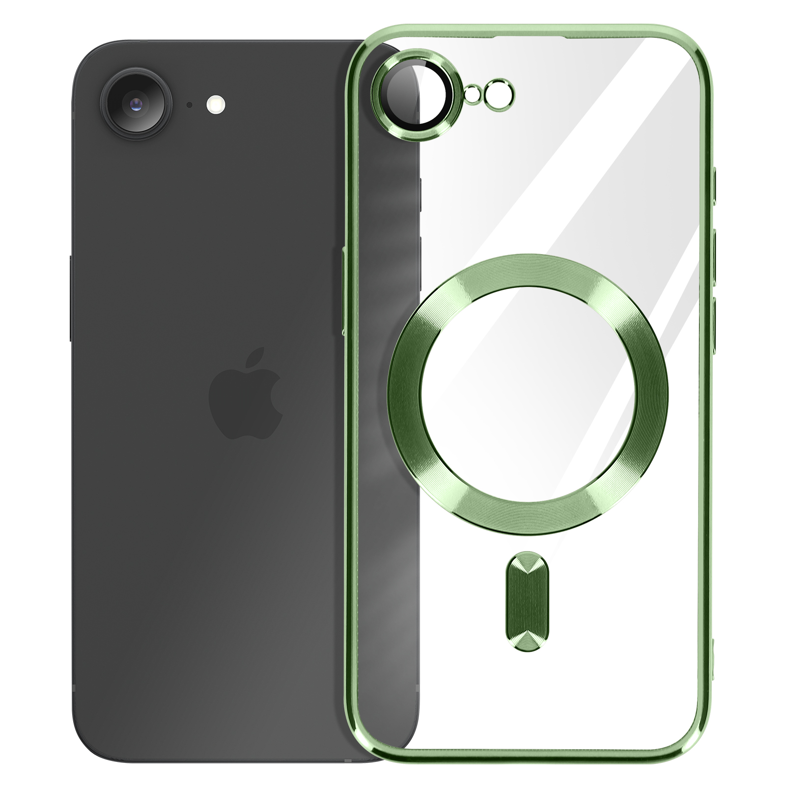 Een zwarte iPhone-hoes met een groene ring en een Apple-logo, telefoon op de achterkant.