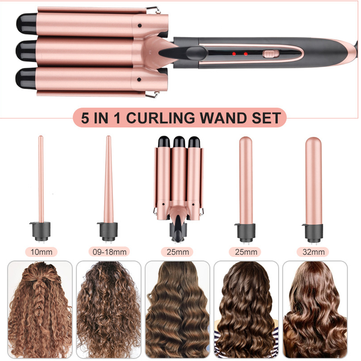 Ein Lockenstab-Set mit 5 austauschbaren Aufsätzen und Beispielen für verschiedene Frisuren.