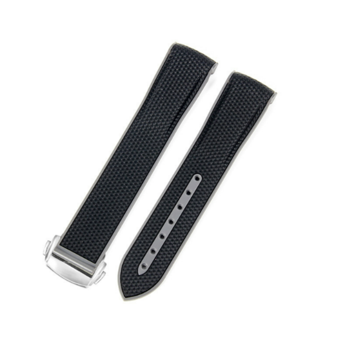Zwei schwarze Uhrenarmbänder. Eines hat einen Verschluss, das andere Löcher.