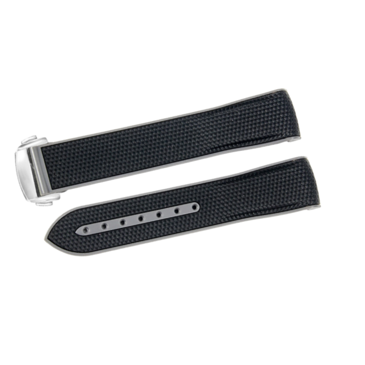 Schwarzes Uhrenarmband mit silberner Schließe, das auf einer weißen Oberfläche liegt. Das Armband hat ein Muster.
