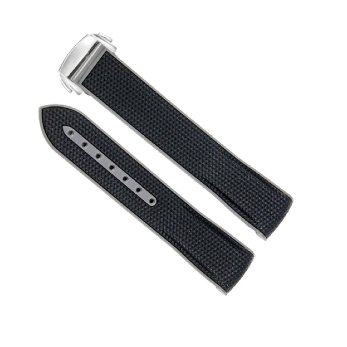 Schwarze und Carbonfaser-Uhrenarmbandteile, isoliert auf Weiß.