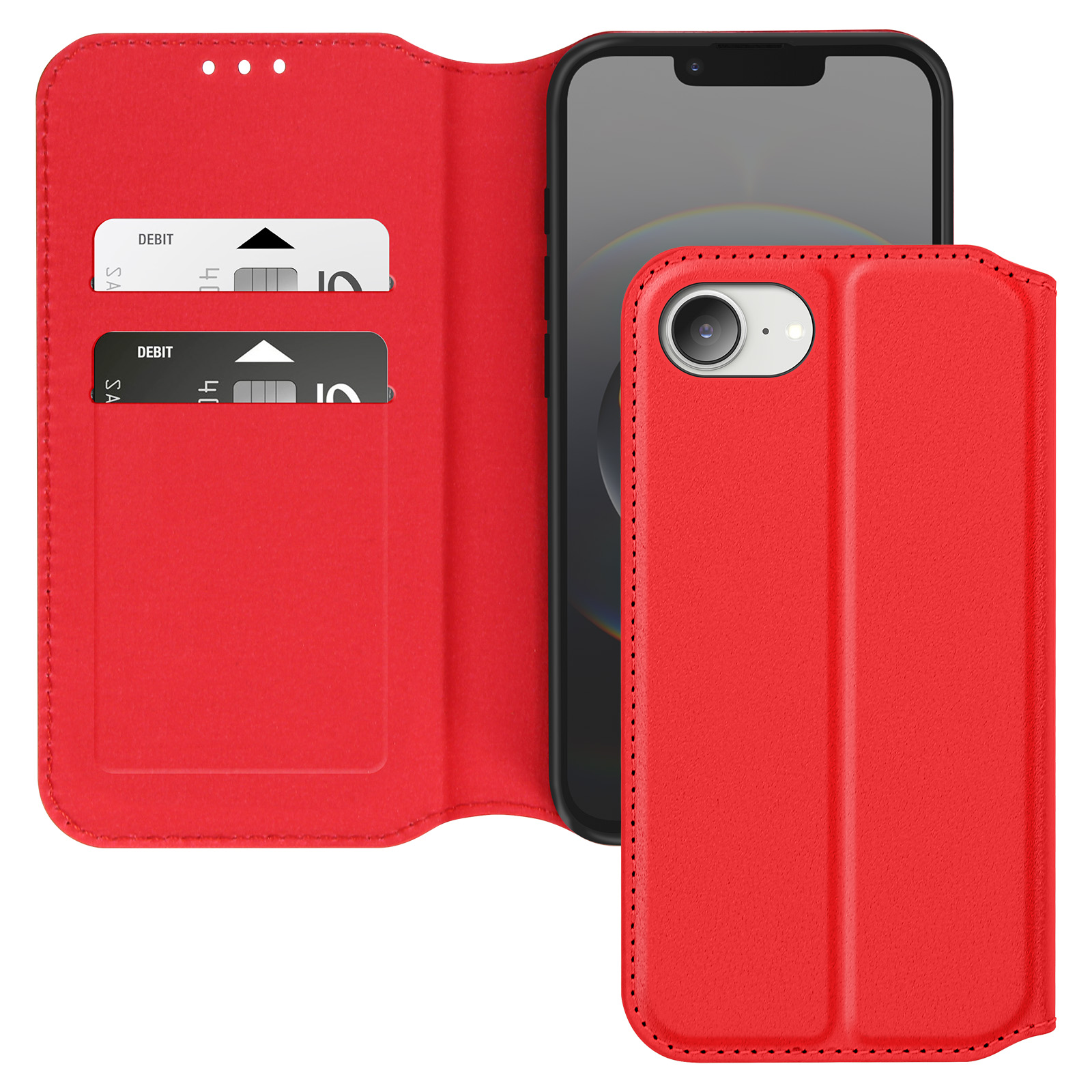 Custodia per telefono rossa con carte di credito all'interno e un telefono.