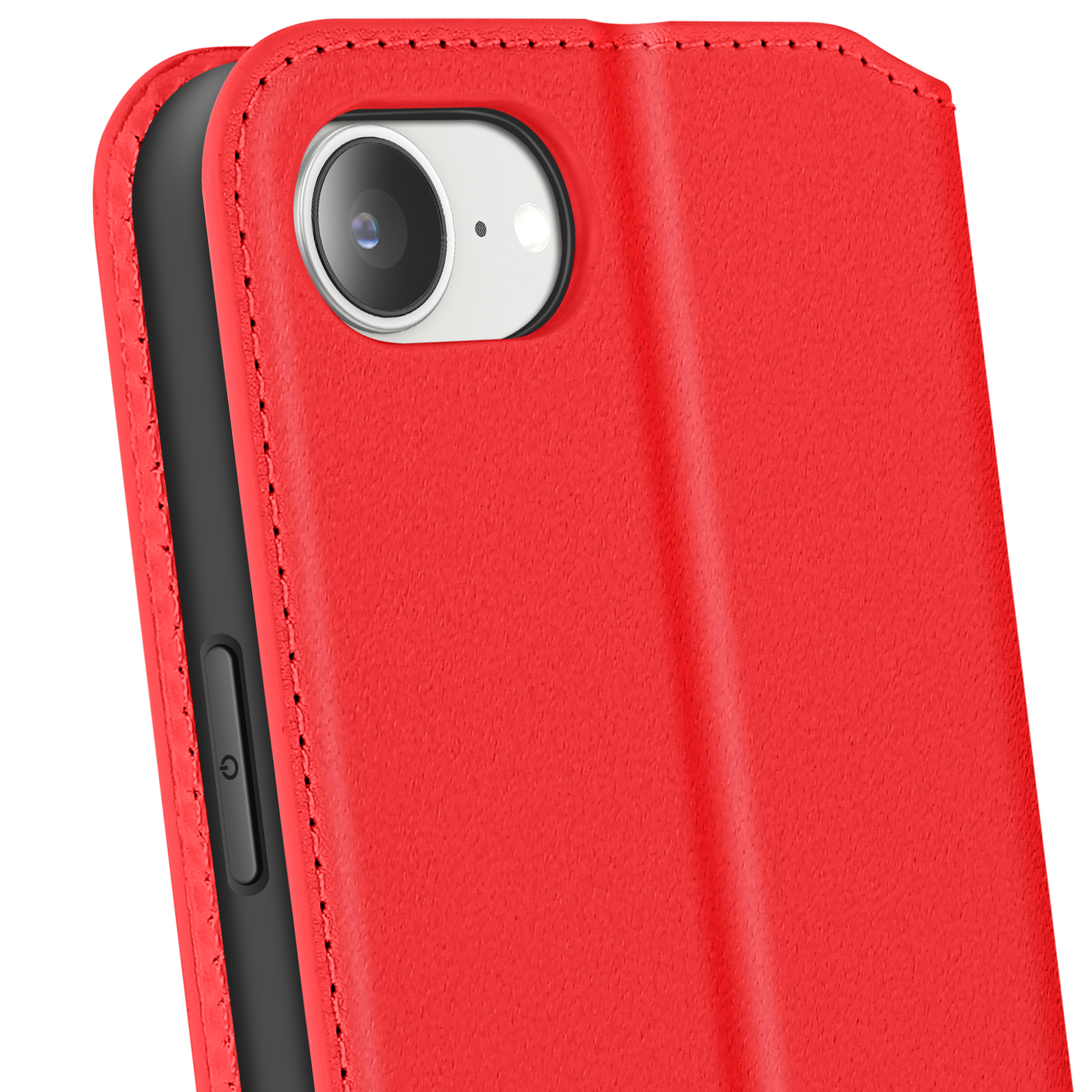 Una custodia per telefono in pelle rossa, parzialmente aperta, rivela un obiettivo e un pulsante laterale.