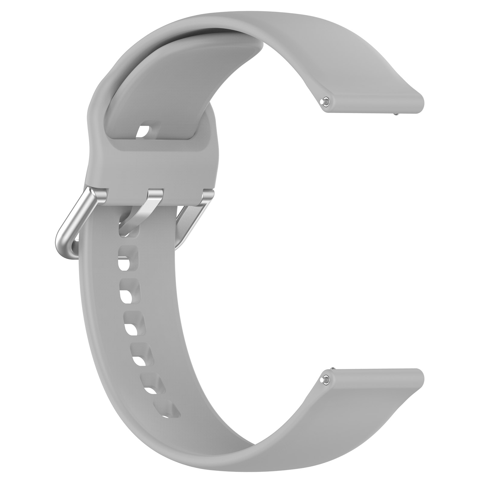 Graues Uhrenarmband. C-förmig, mit Metallverschluss. Das Armband ist aus Gummi.