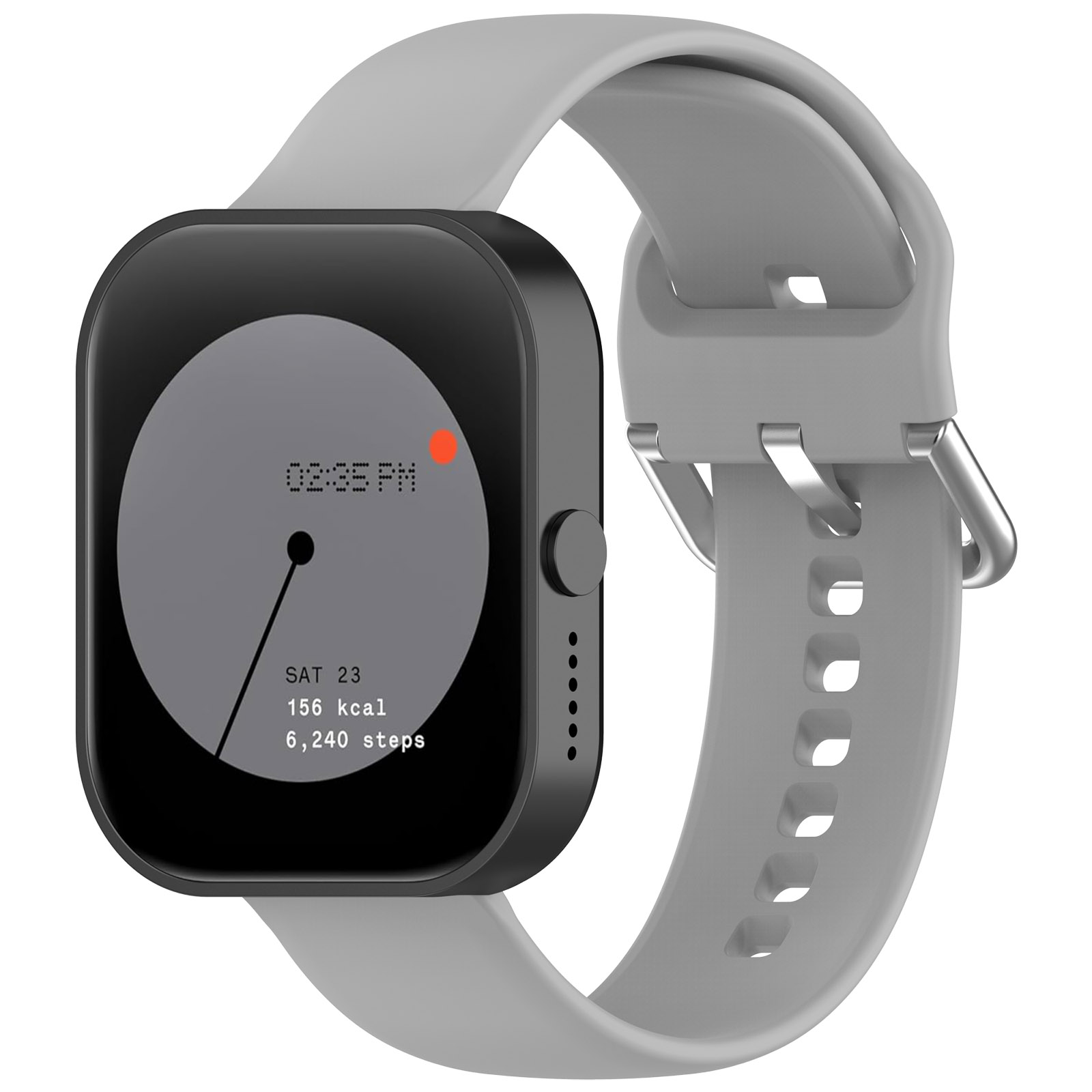 Graue Smartwatch mit schwarzem Bildschirm, der Zeit und Gesundheitsdaten anzeigt.