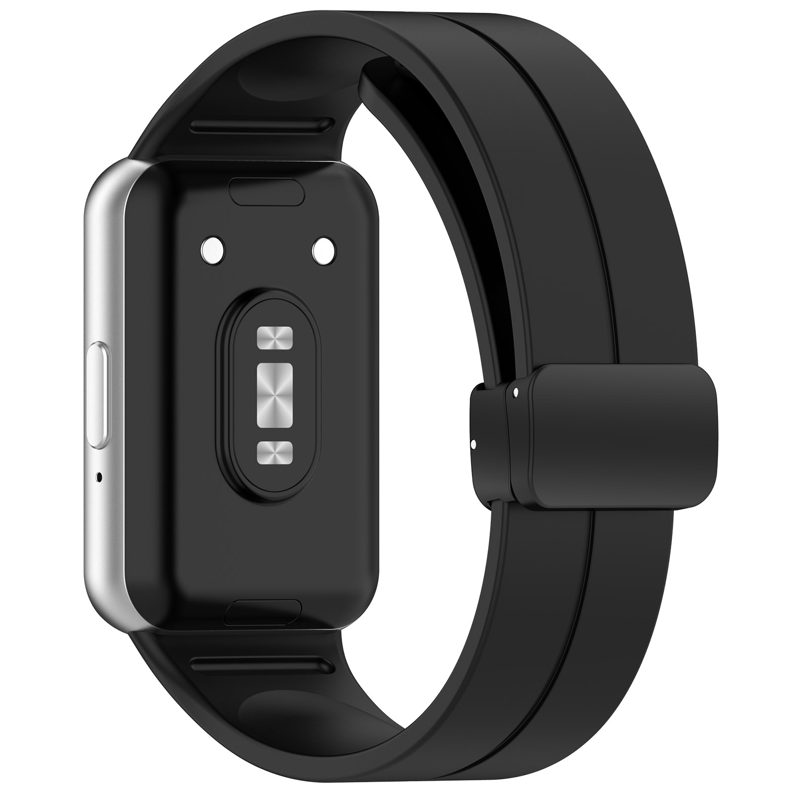 Schwarze Smartwatch-Rückseite mit Sensoren und schwarzem Armband. Silbernes Metall an den Seiten.