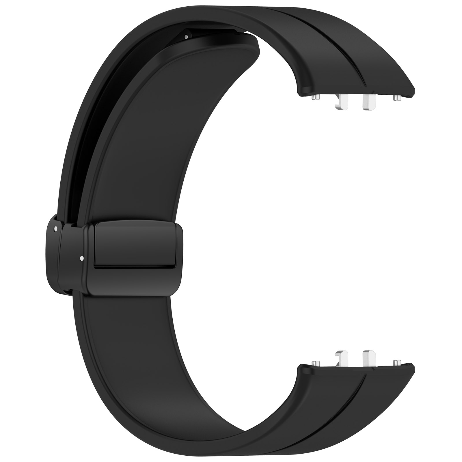 Schwarzes Uhrenarmband, gebogen mit silbernen Metallstiften zur Befestigung, auf weißem Hintergrund.