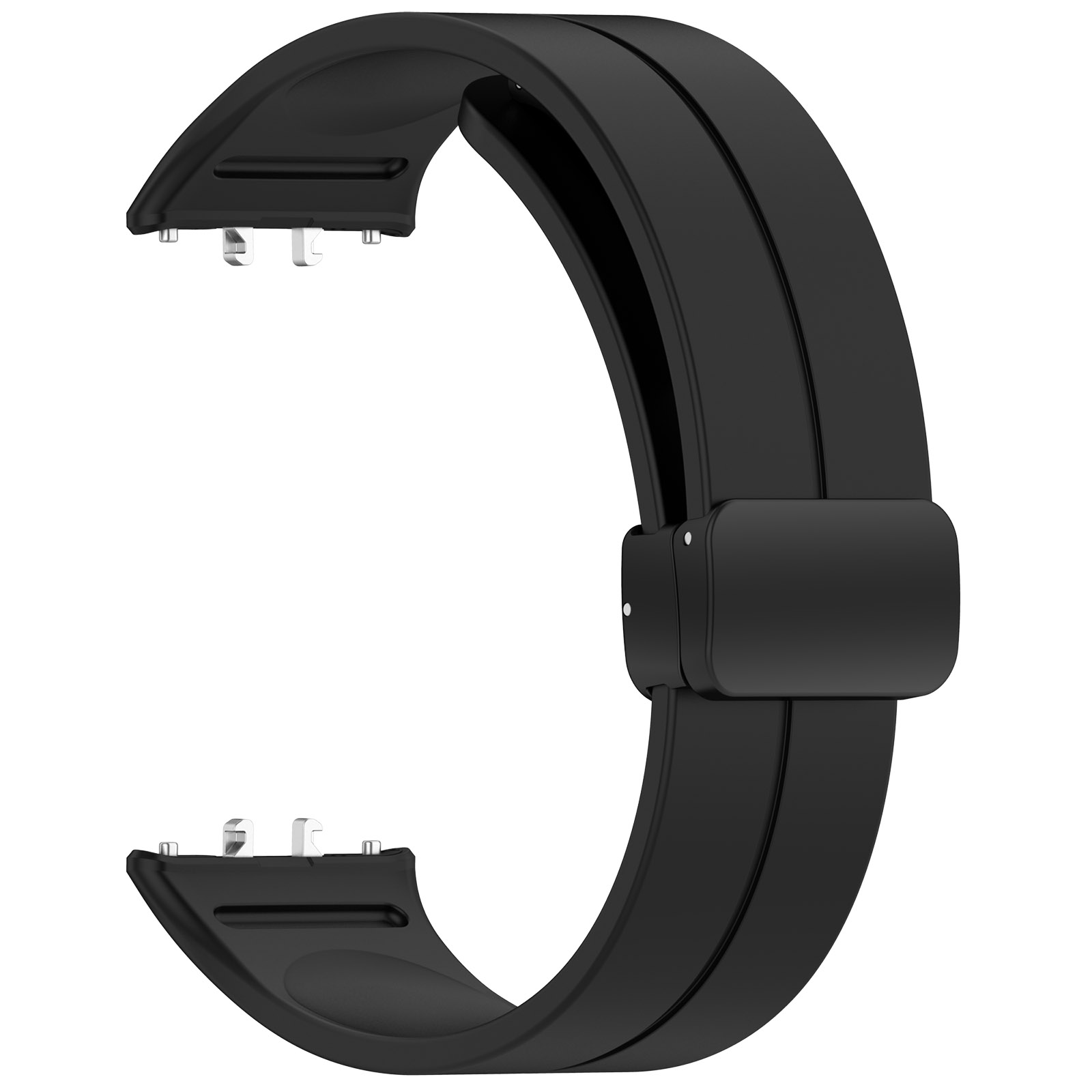 Ein schwarzes Uhrenarmband mit Mittelband und Schließe.