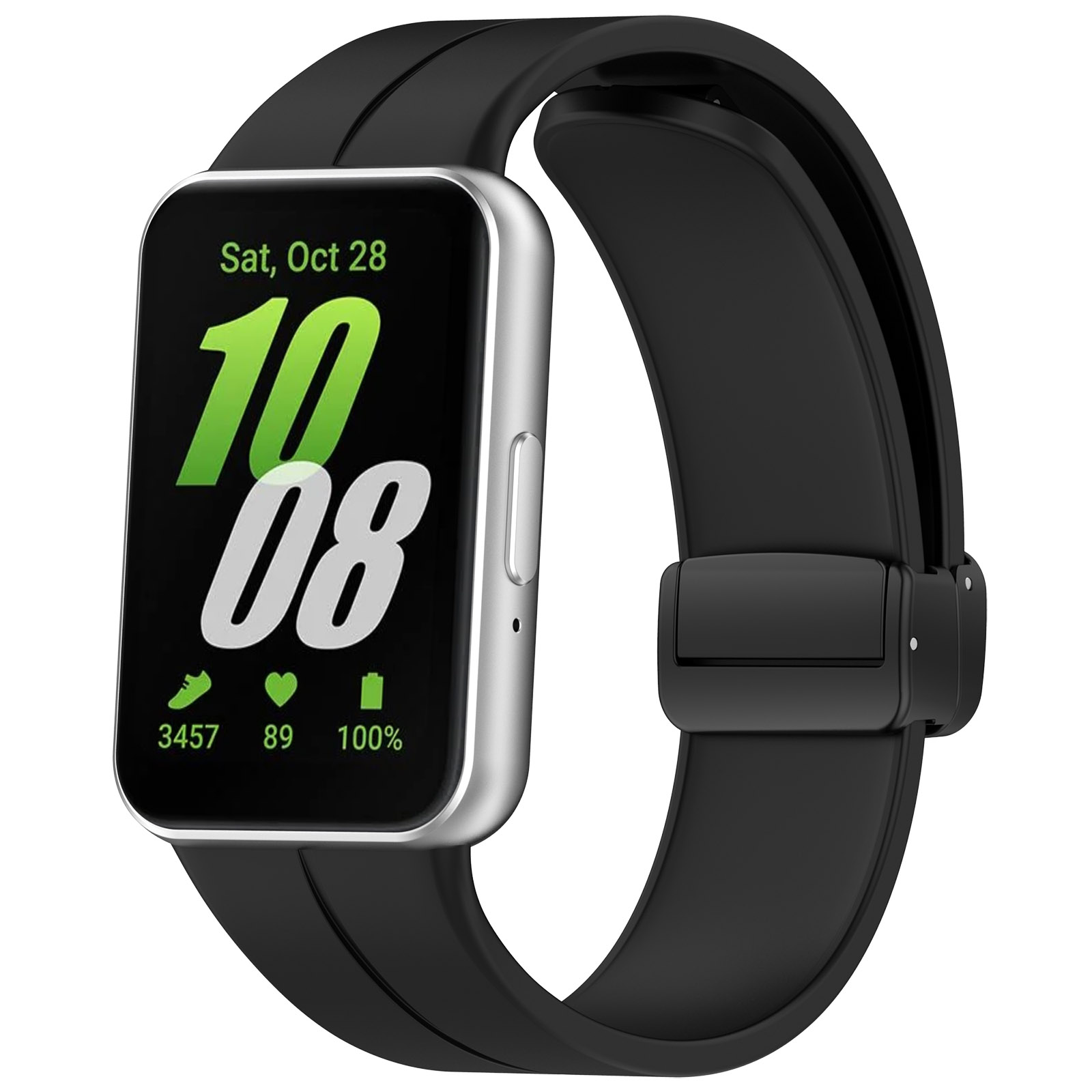 Eine Smartwatch mit schwarzem Armband, die Datum, Uhrzeit und Gesundheitsdaten anzeigt.