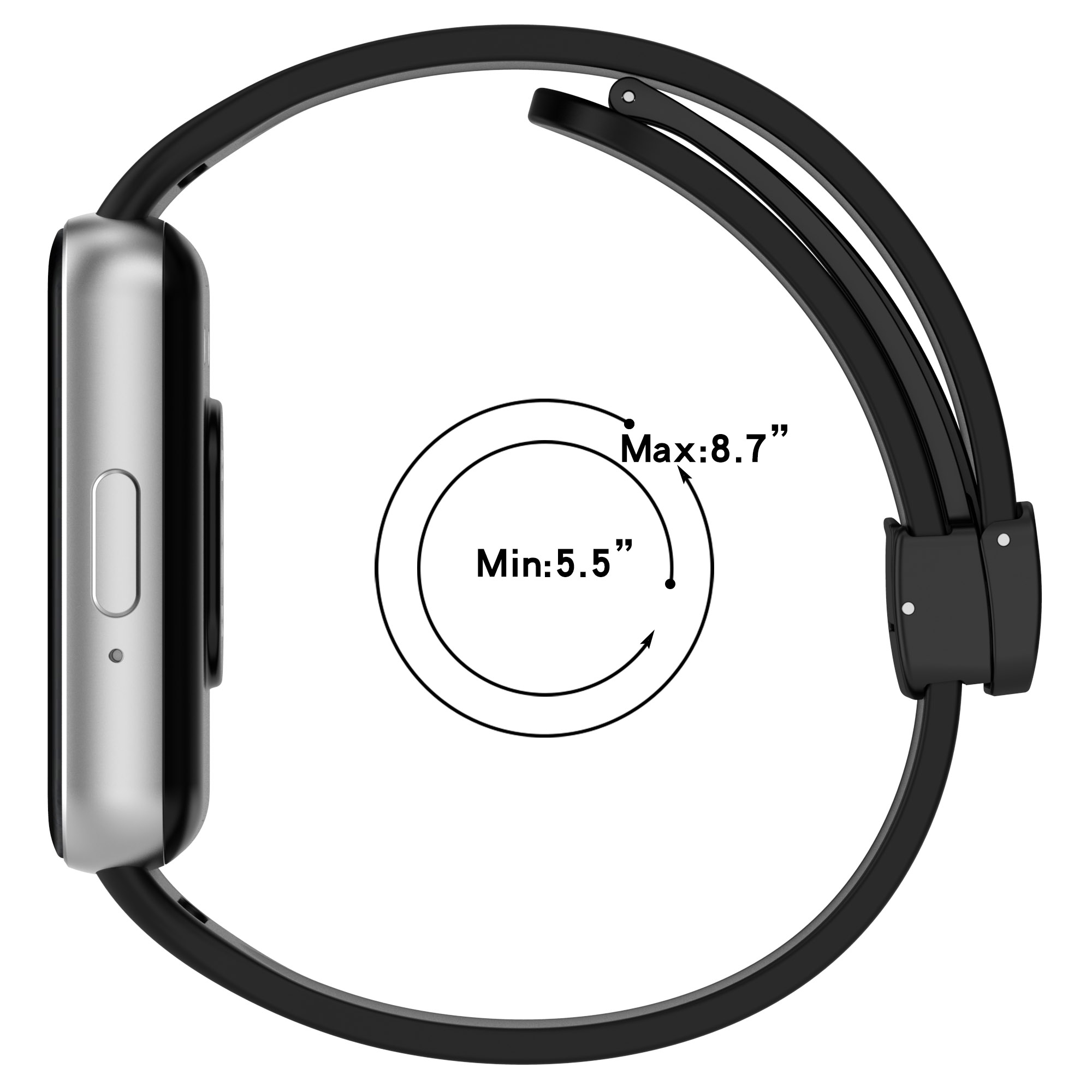 Eine schwarze Uhr mit schwarzem Armband. Die Uhr zeigt einen Kreis mit den Mindest- und Maximalgrößen.