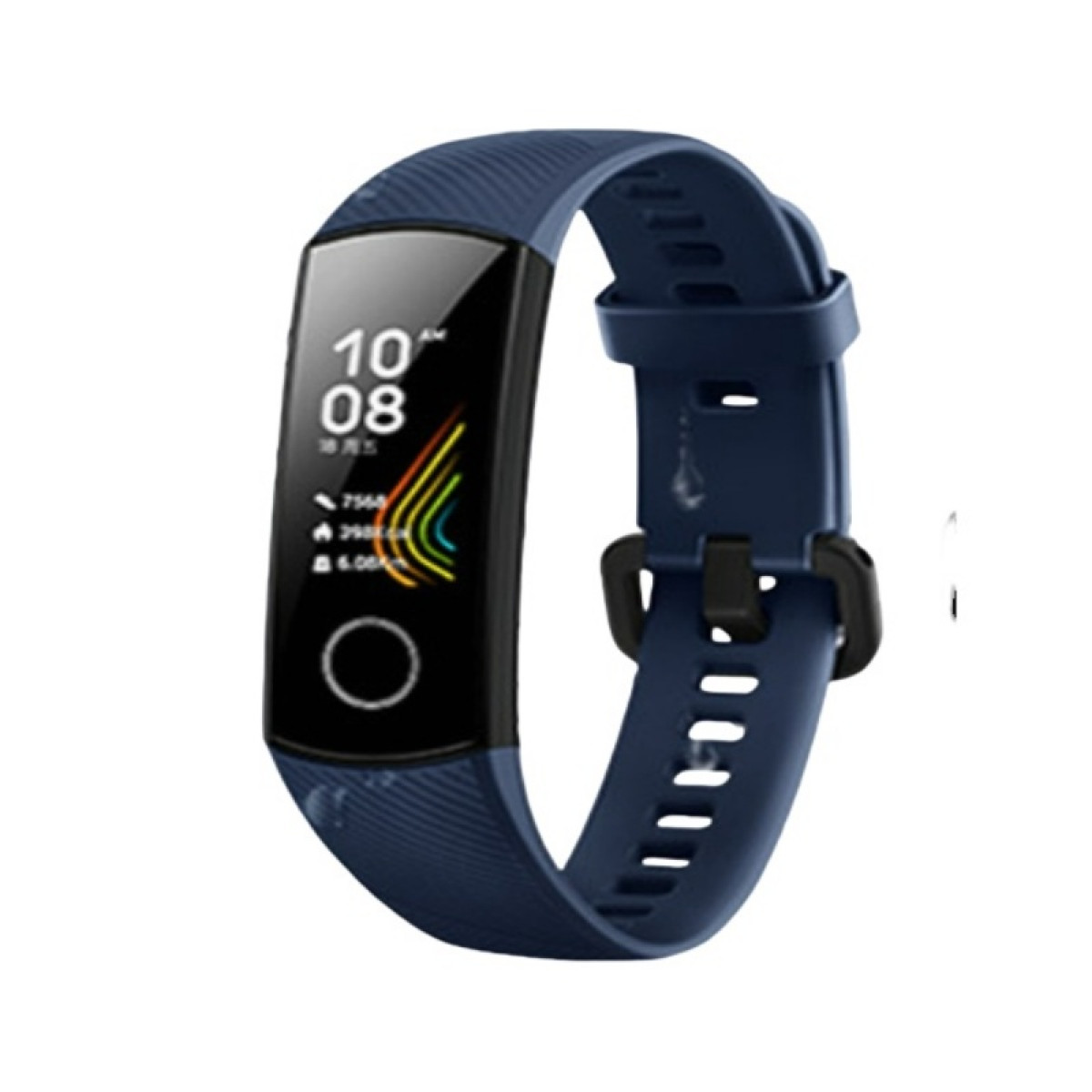 Eine blaue Fitness-Tracker-Uhr mit schwarzem Bildschirm und blauem Armband.