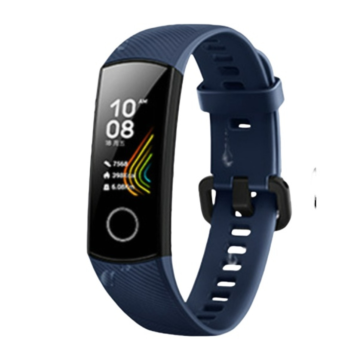 Blaue Smartwatch mit schwarzem Bildschirm, der Zeit und Fitnessdaten anzeigt. Blaues Armband, weißer Hintergrund.