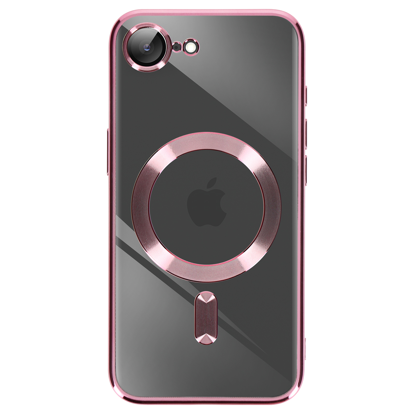 Coque de téléphone rose avec un anneau et un contour d'appareil photo, téléphone noir à l'intérieur.