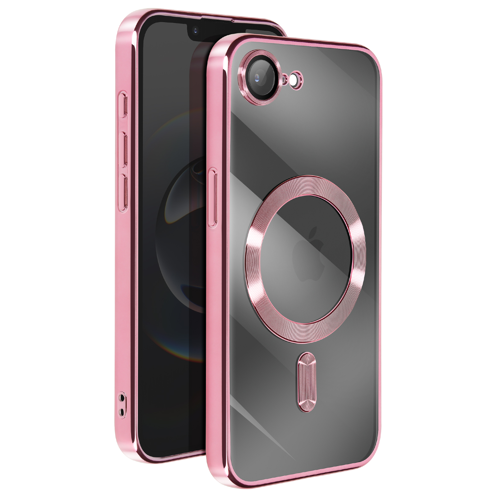 Coque d'iPhone rose avec dos transparent et anneau rose.