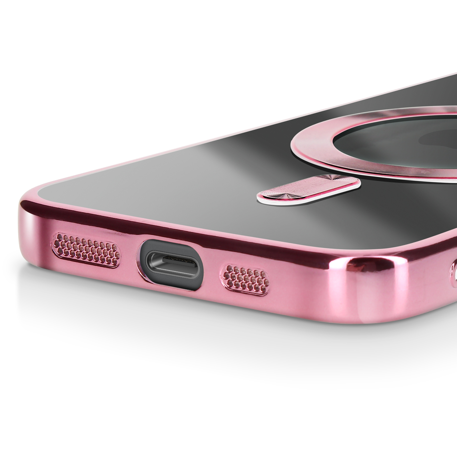 Gros plan d'une coque de téléphone à bord rose avec un écran noir.