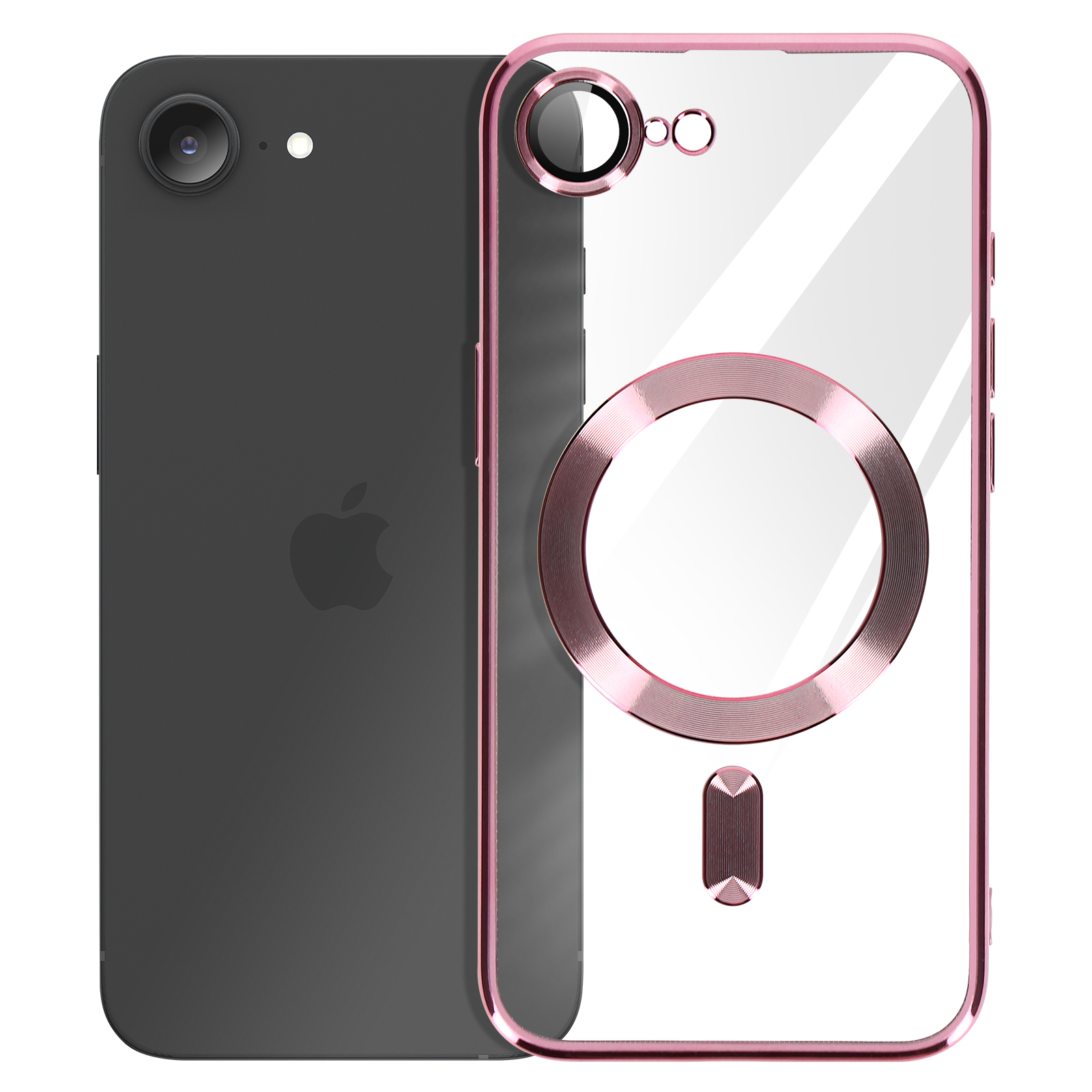 Une coque de téléphone transparente à cadre rose, avec un anneau rose et un téléphone noir affichant le logo Apple.