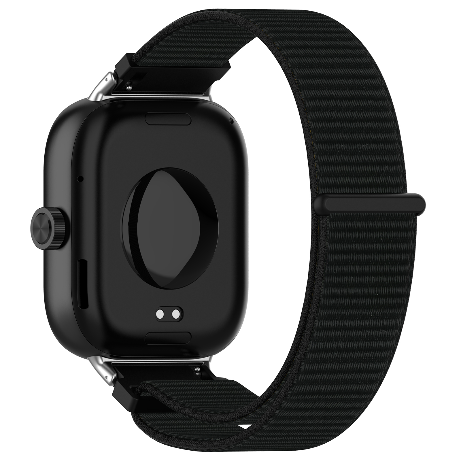 Eine schwarze Smartwatch mit schwarzem Stoffband. Die Uhr wird von hinten betrachtet.