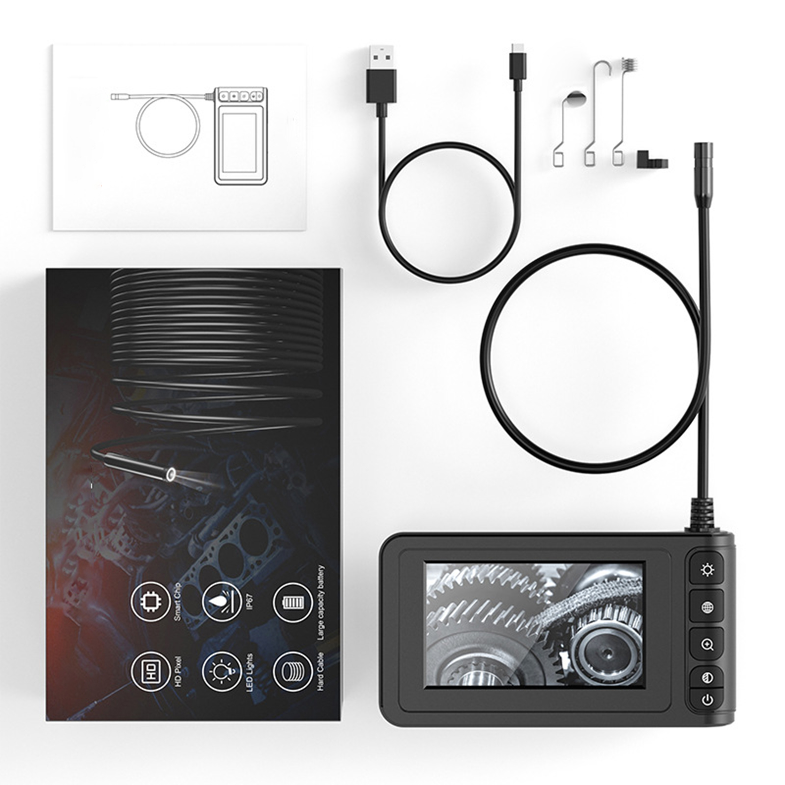 Inspektionskamera-Set: Kamera, Bildschirm, Kabel und Zubehör auf weißem Hintergrund.