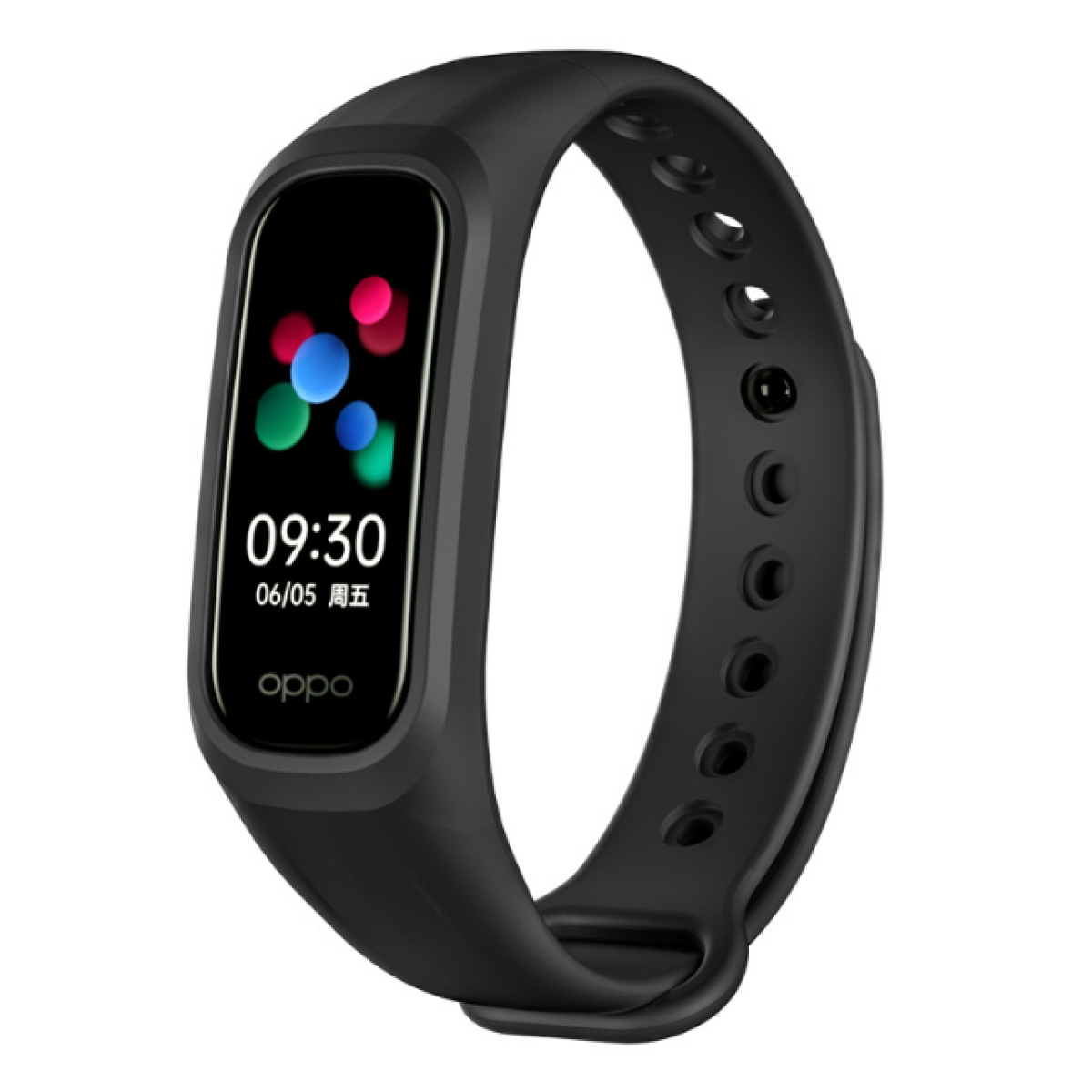 Schwarzes Smartband, das die Uhrzeit 09:30 und das Datum anzeigt. Das Band hat ein gebogenes Design.