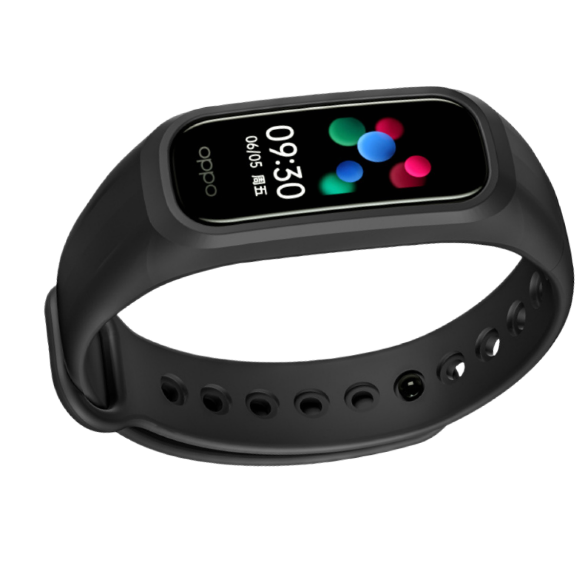 Schwarzes Smartband mit Farbbildschirm, der die Uhrzeit und bunte kreisförmige Symbole anzeigt, mit dem Oppo-Logo.