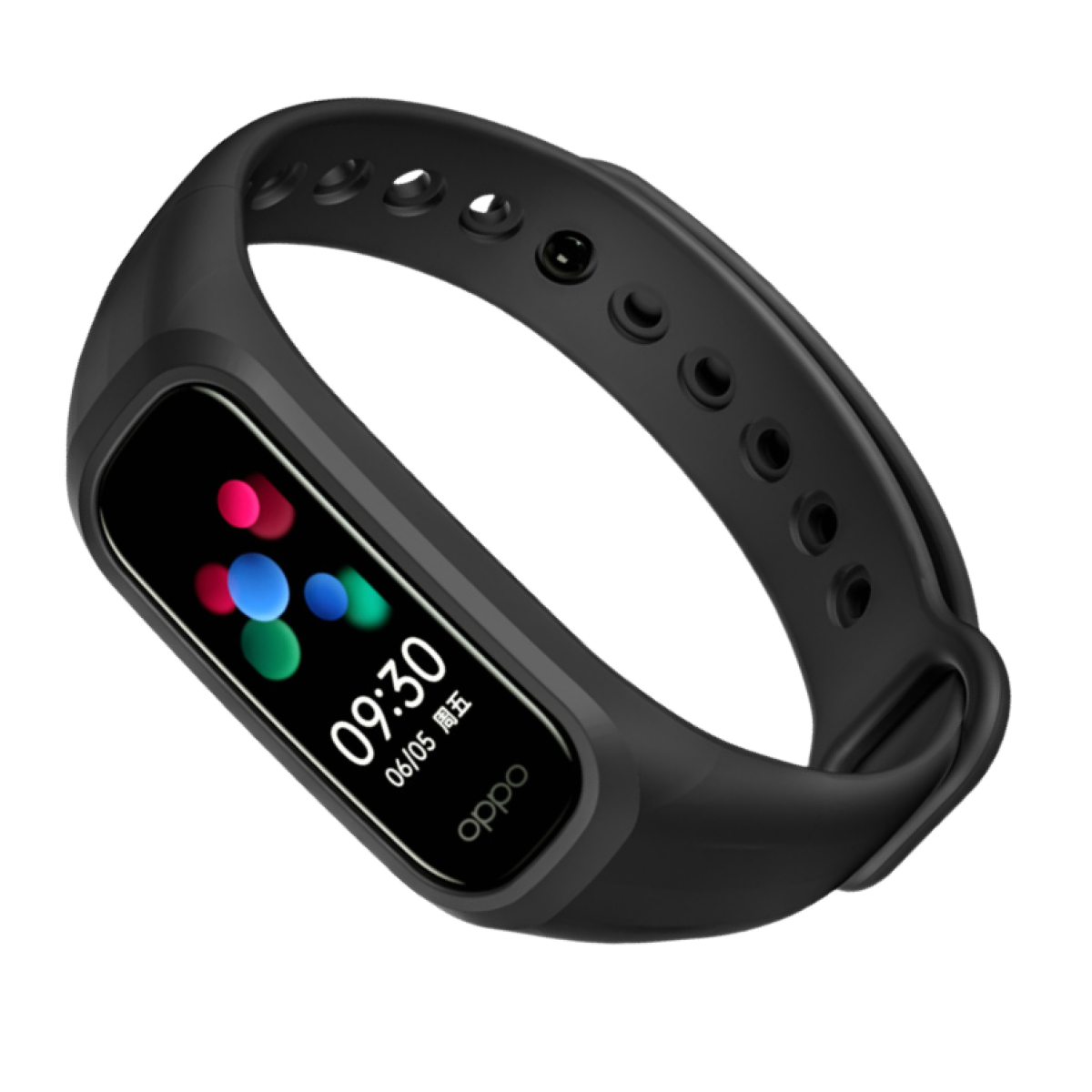 Schwarzes Oppo Fitness-Tracker-Armband mit einem Bildschirm, der die Uhrzeit und farbige Symbole anzeigt. Das Wort 'oppo' ist sichtbar.