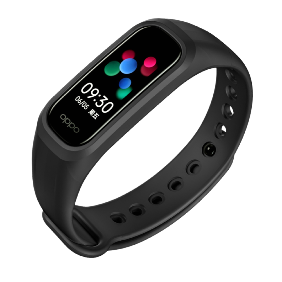 Schwarzes Oppo Smartband mit Anzeige von Uhrzeit und bunten Symbolen. Weißer Hintergrund.
