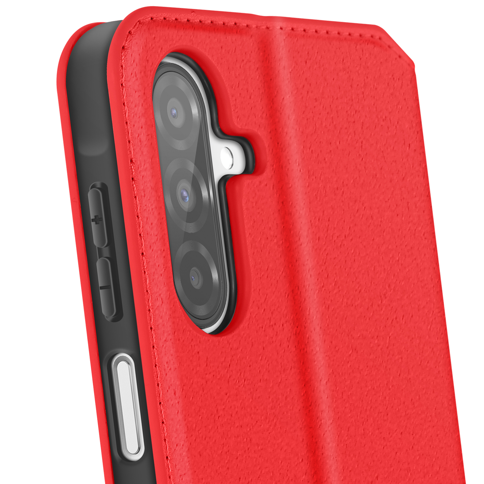 Una custodia rossa per telefono con un rilievo per la fotocamera e pulsanti laterali. Obiettivi neri. Sfondo bianco.