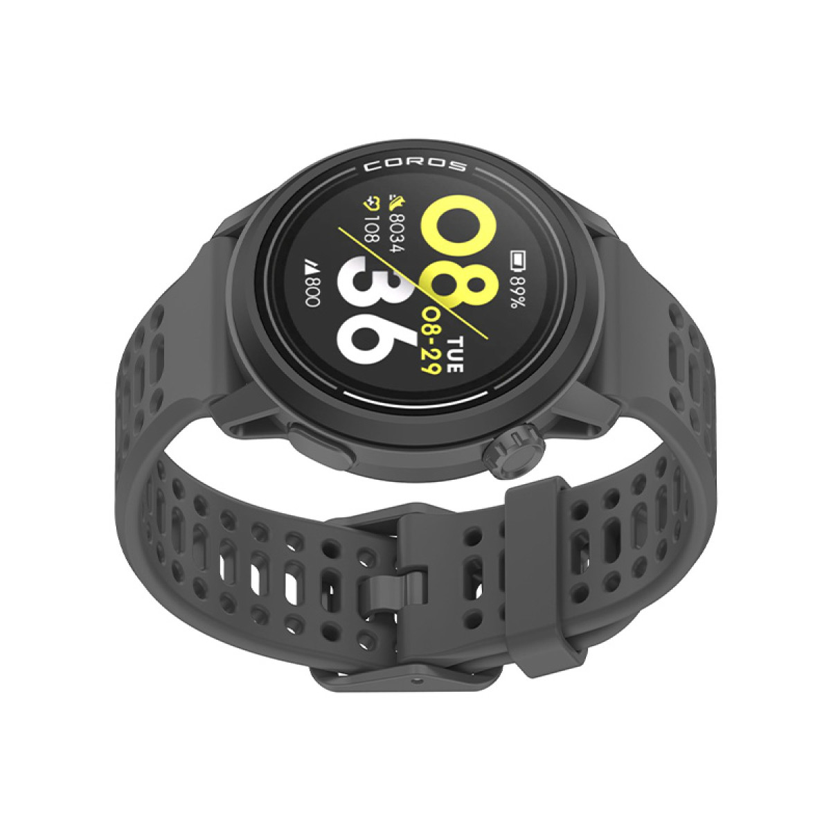 Graue Smartwatch mit schwarzem Zifferblatt. Das Armband ist grau.