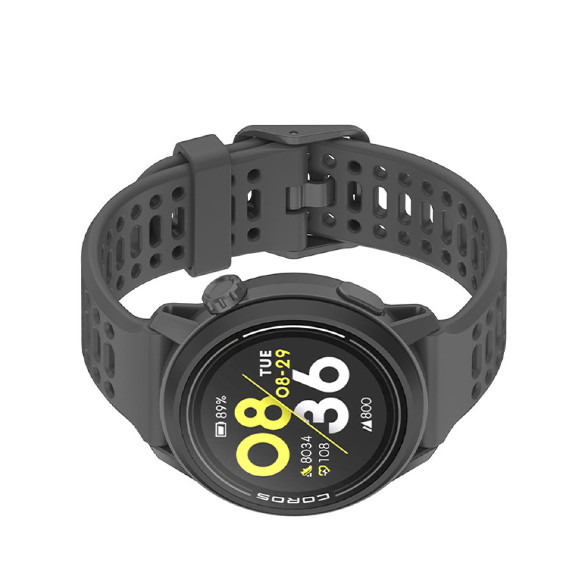 Eine graue Smartwatch zeigt Zeit, Akkulaufzeit und Schritte auf weißem Hintergrund an.