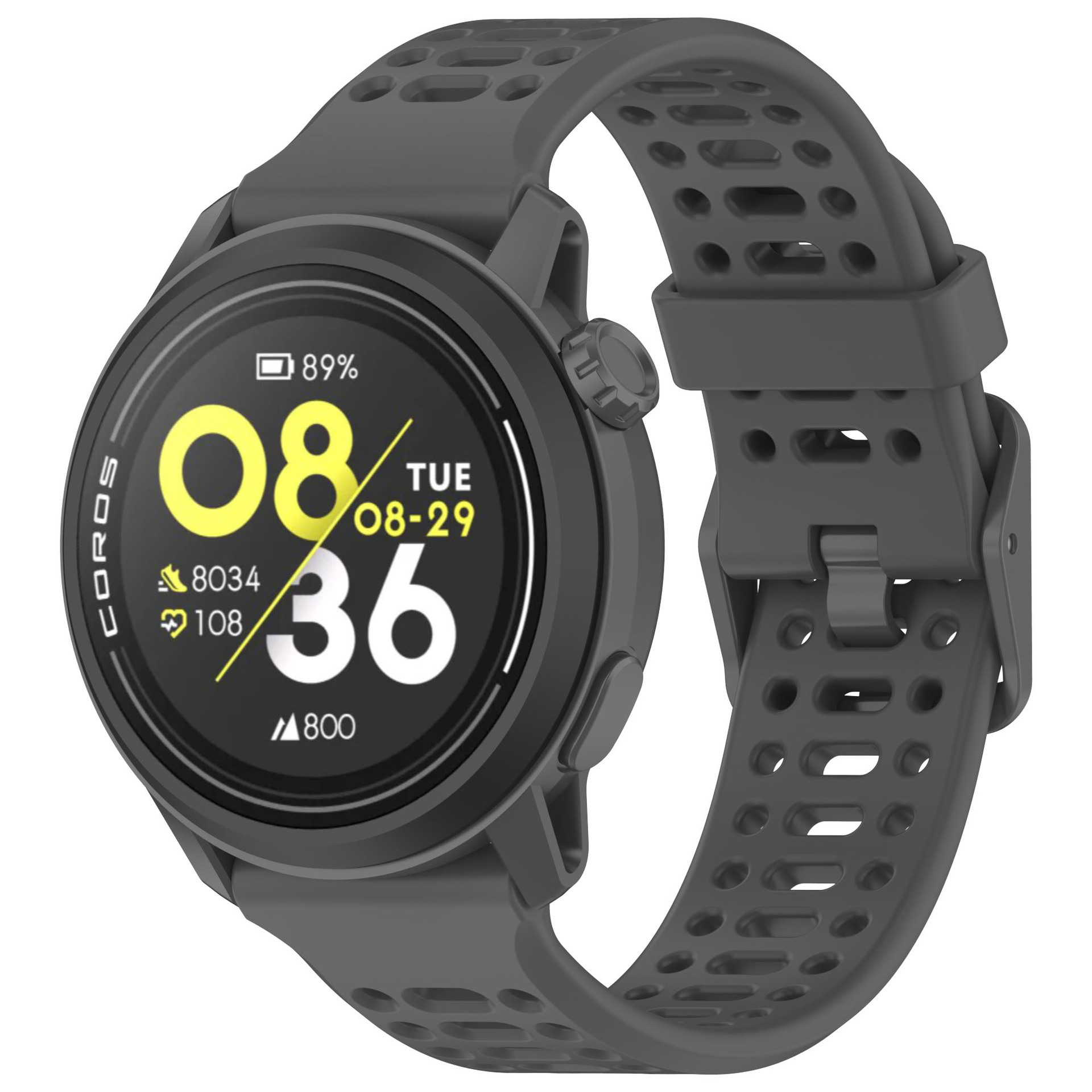 Graue Smartwatch mit rundem Bildschirm, der Zeit und Akkulaufzeit anzeigt. Graues Band.