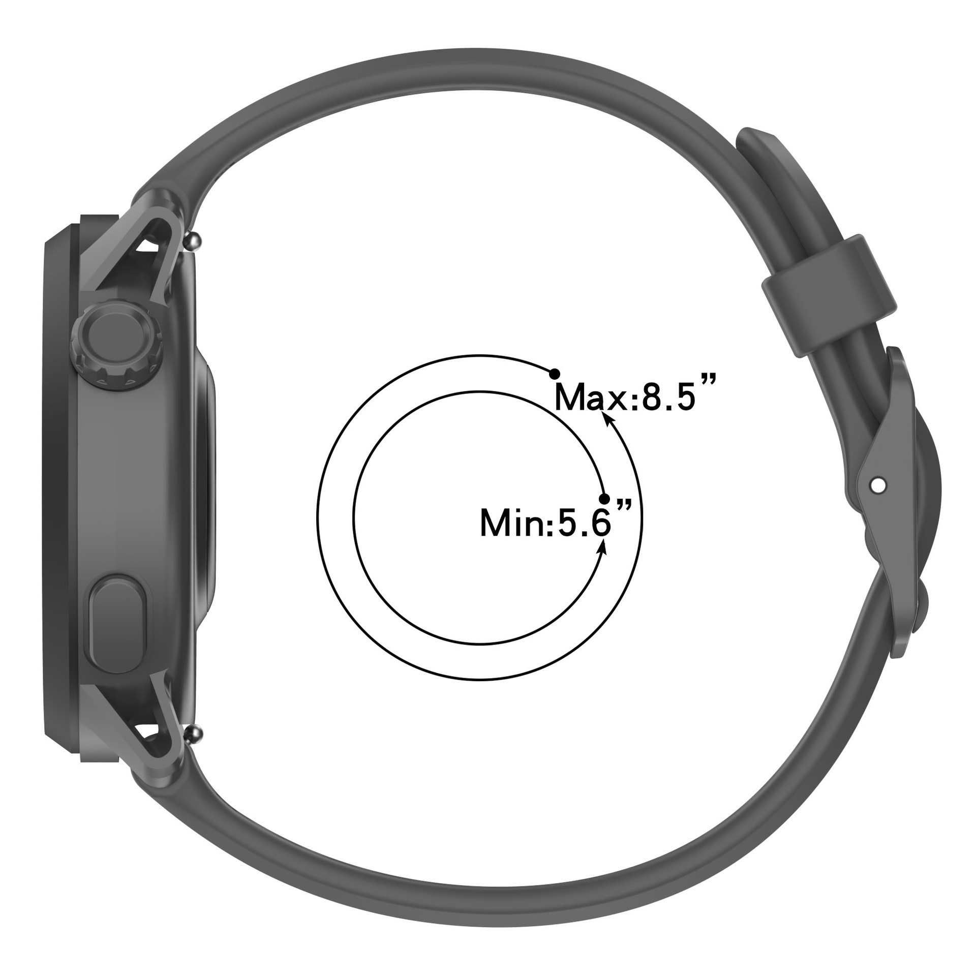 Smartwatch mit dunkelgrauem Armband. Zeigt den Durchmesser der Uhr mit Abmessungen in Zoll.