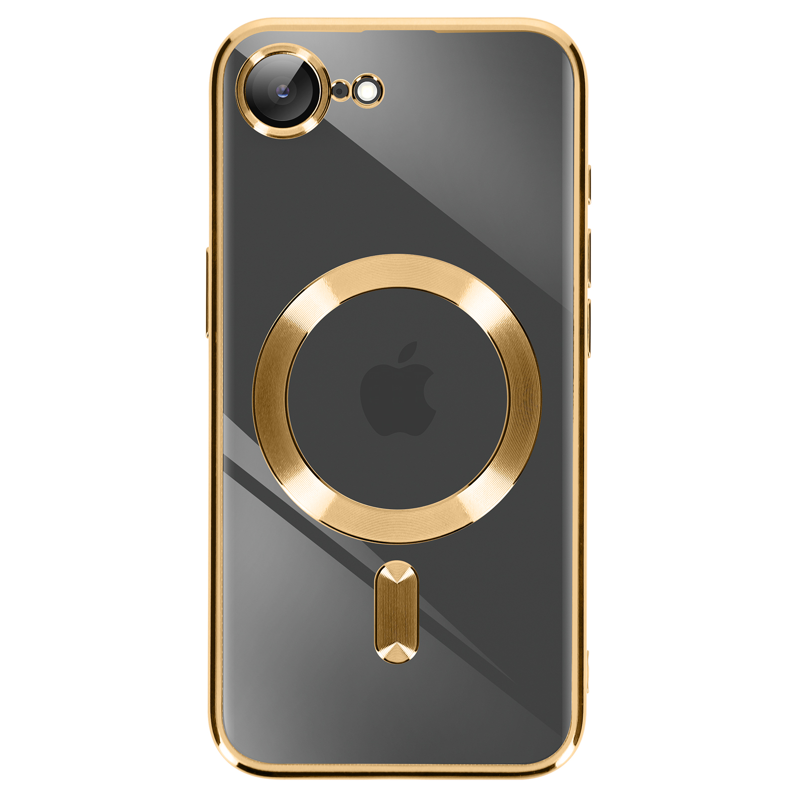Une coque de téléphone dorée avec un dos transparent et un anneau doré autour du logo Apple.