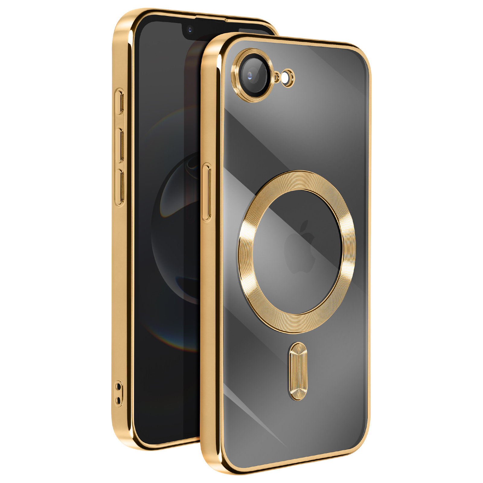 Coque de téléphone à cadre doré avec un téléphone noir à l'intérieur, montrant l'arrière.
