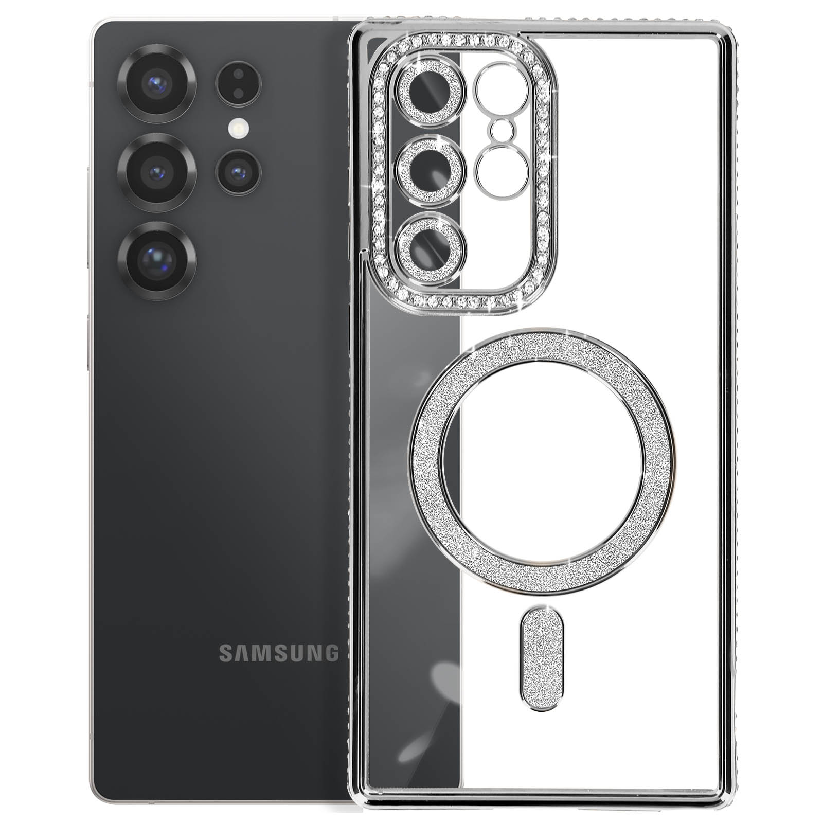 Telefono nero con custodia trasparente. Custodia con gioielli attorno alla fotocamera e anello.