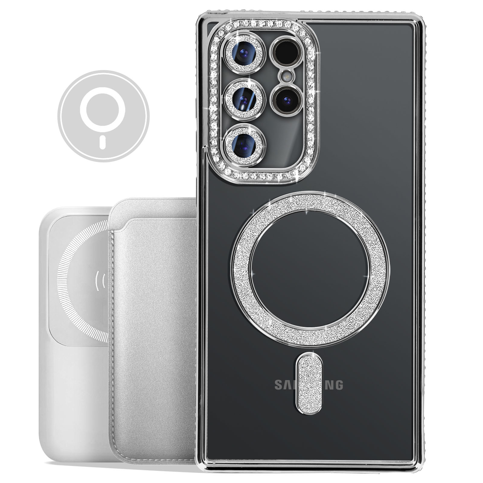 Una custodia per telefono con un design circolare, un caricatore magnetico bianco e un portafoglio argentato.