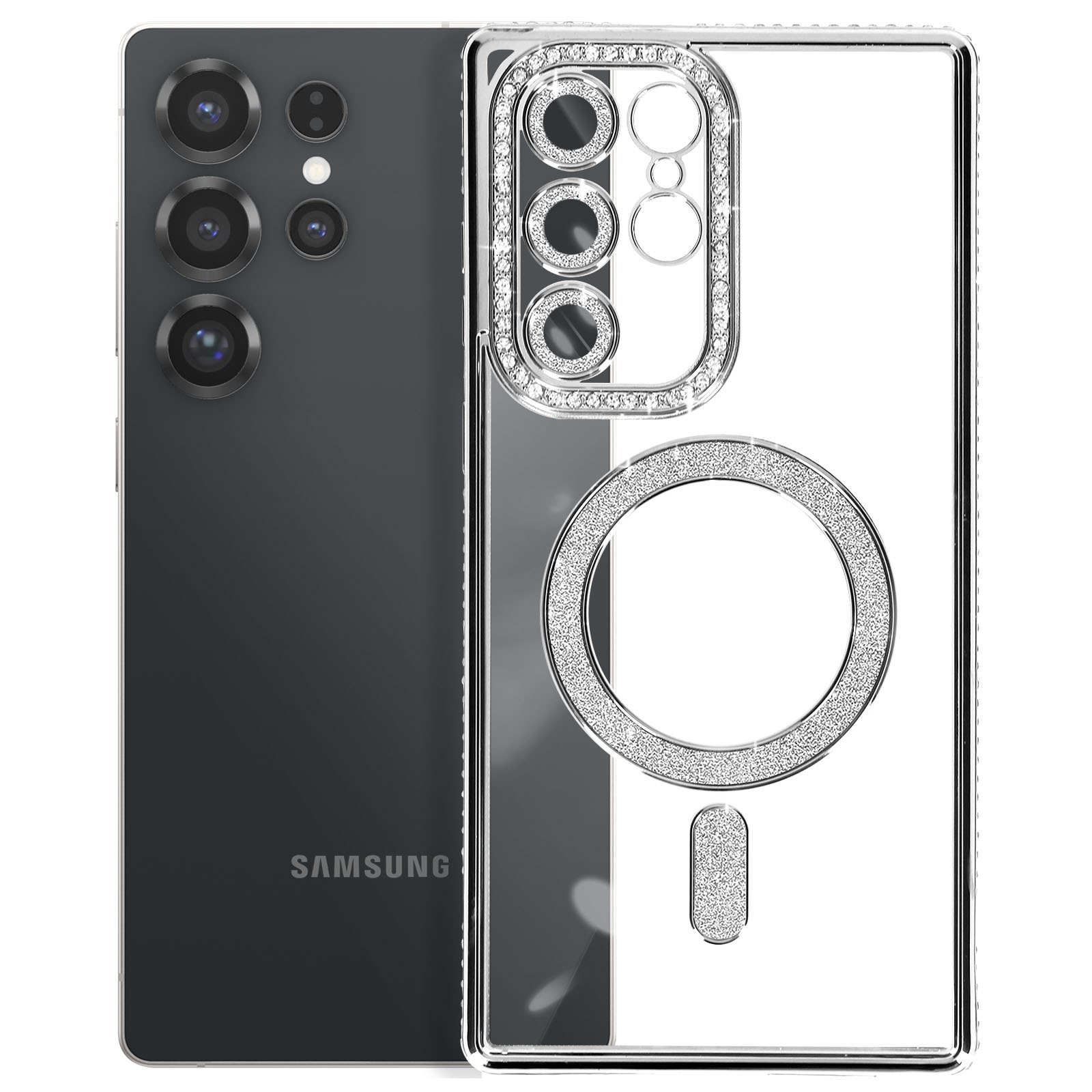Custodia per telefono con bling, telefono nero a sinistra. Trasparente con bling, logo Samsung visibile.