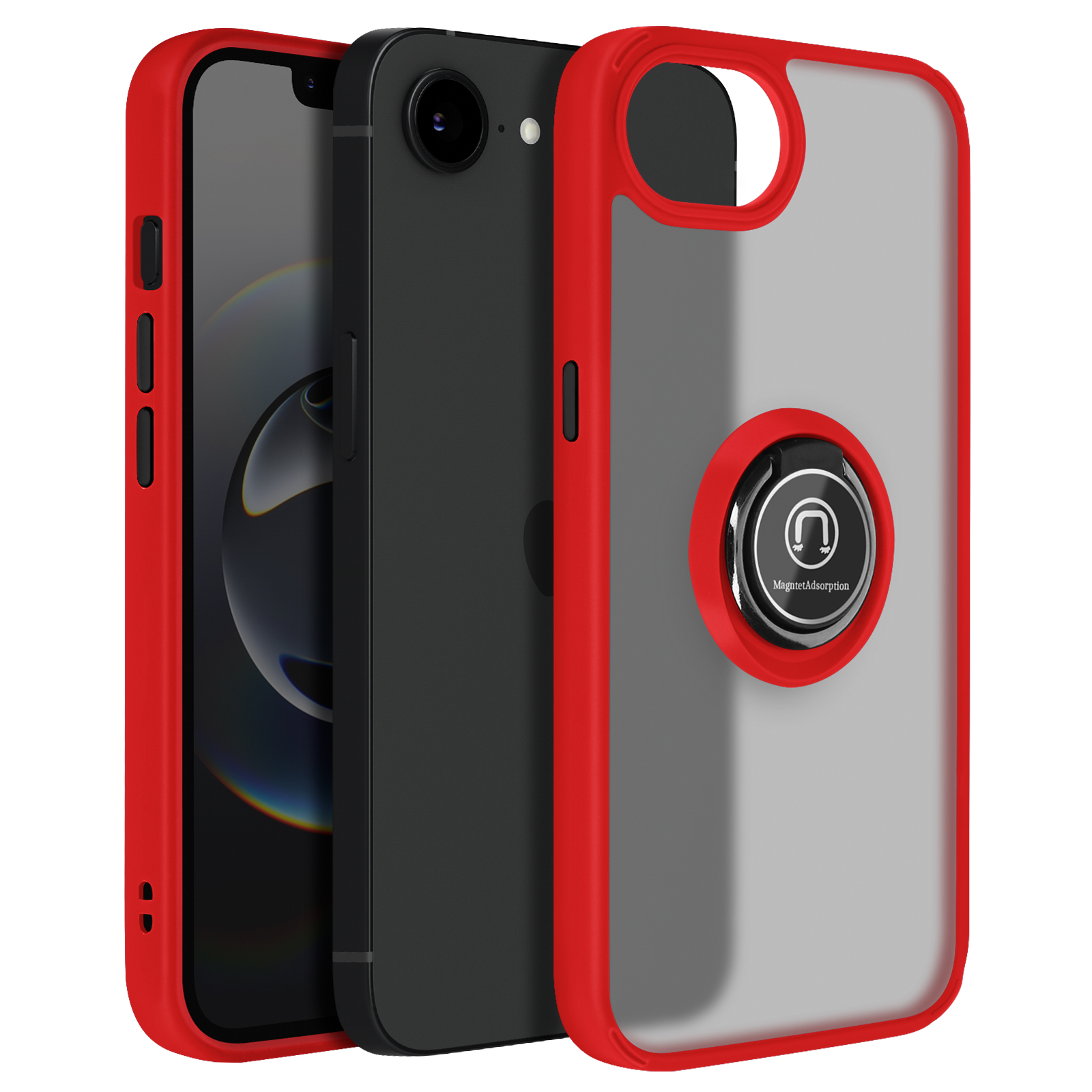 Drie telefoons, een in een rood omrandde hoes met een ringhouder. Zwarte en zilveren telefoons.