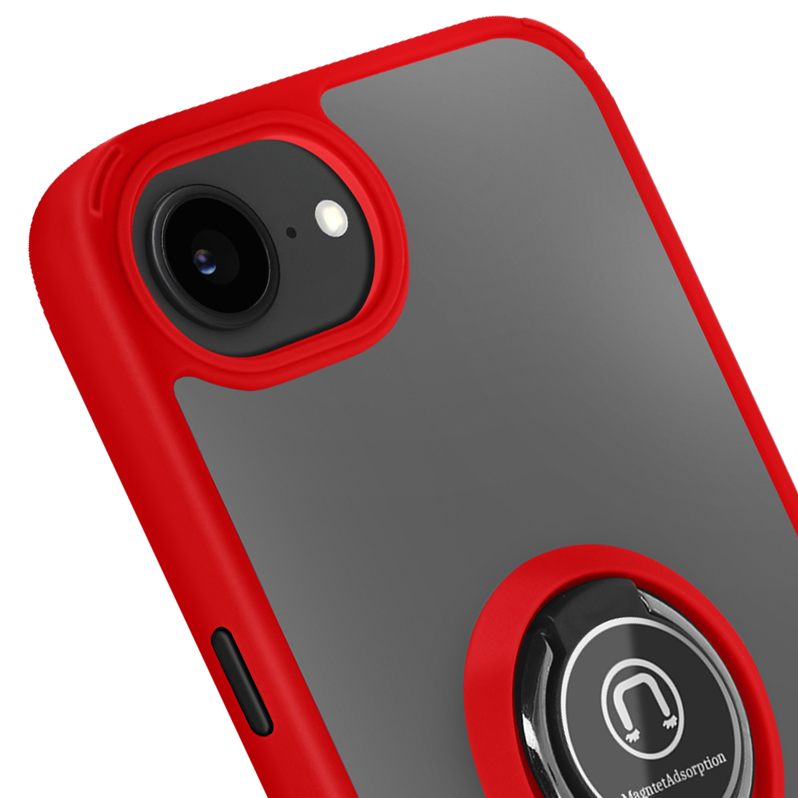Rode en grijze telefoonhoes. Toont een telefooncamera en een ring. De ring is voor grip.