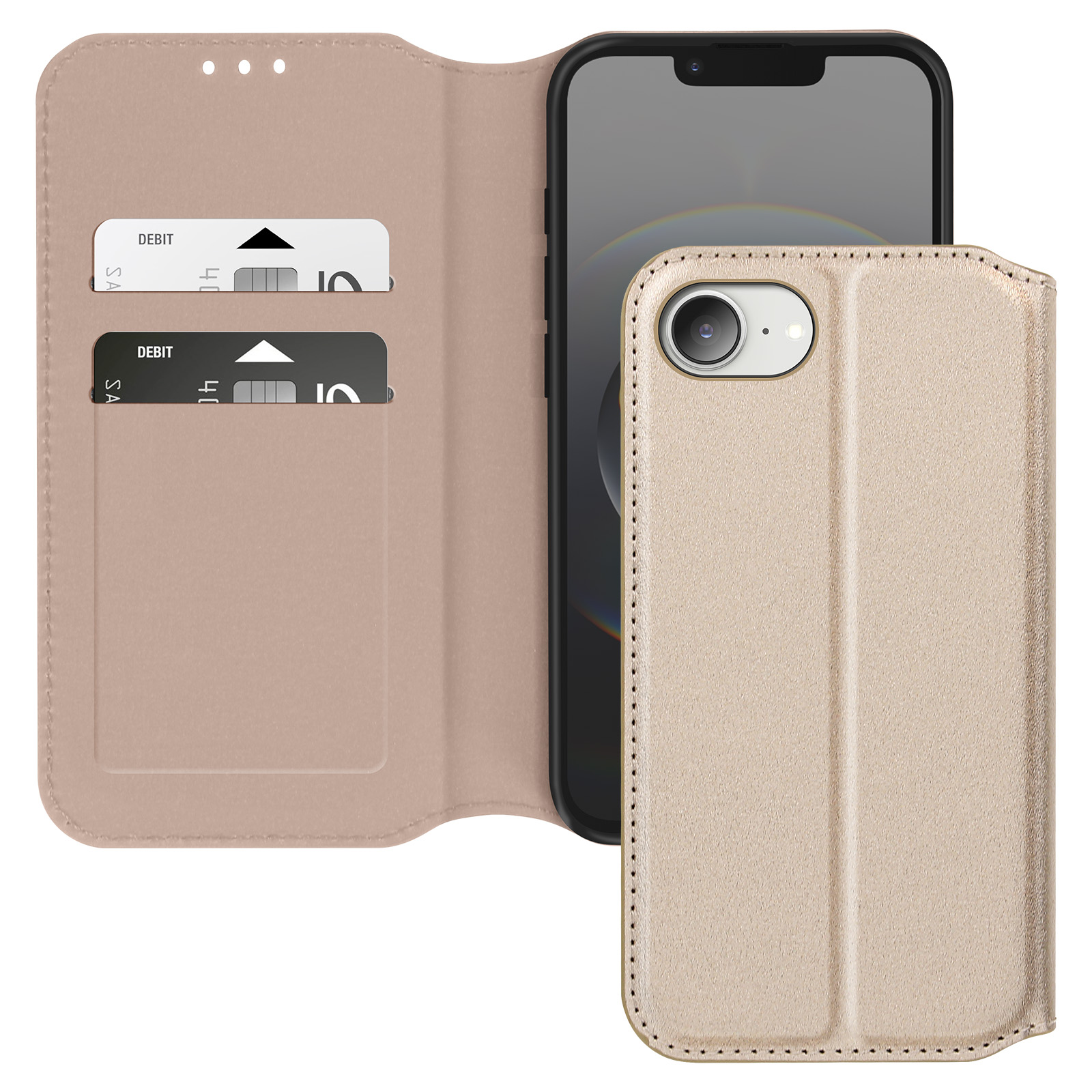 Una custodia beige per telefono con fessure per carte di credito, aperta.