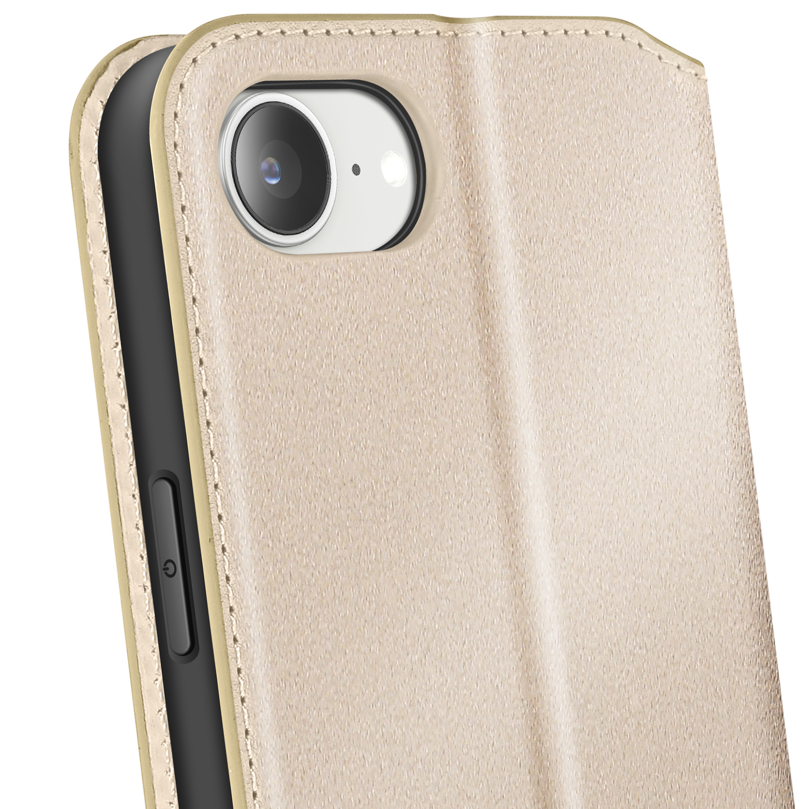 Primo piano di una custodia per telefono con l'obiettivo della fotocamera visibile. La custodia è beige chiaro.