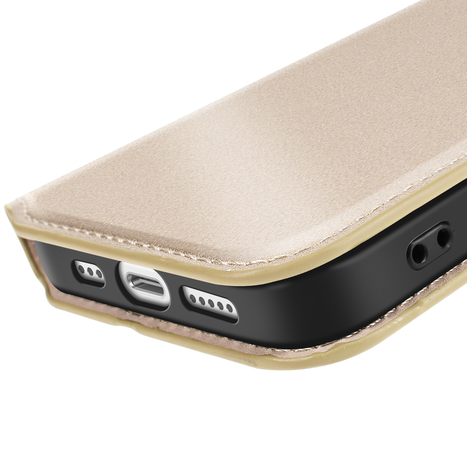 Primo piano di una custodia beige per telefono con interno nero e porte visibili in basso.